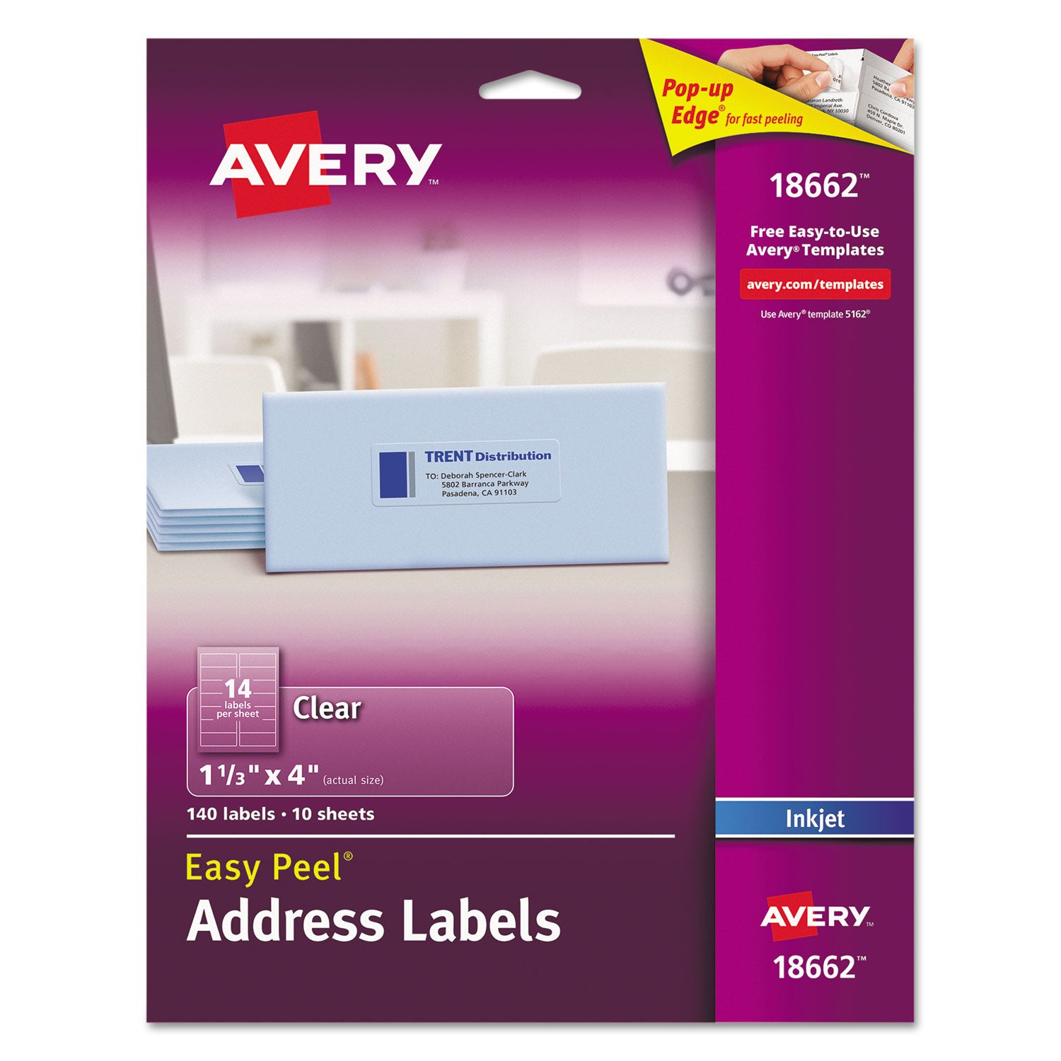 Matte Clear Easy Peel Mailing Labels w/ Sure Feed Technology, Inkjet Printers, 1.33 x 4, Clear, 14/Sheet, 10 Sheets/Pack