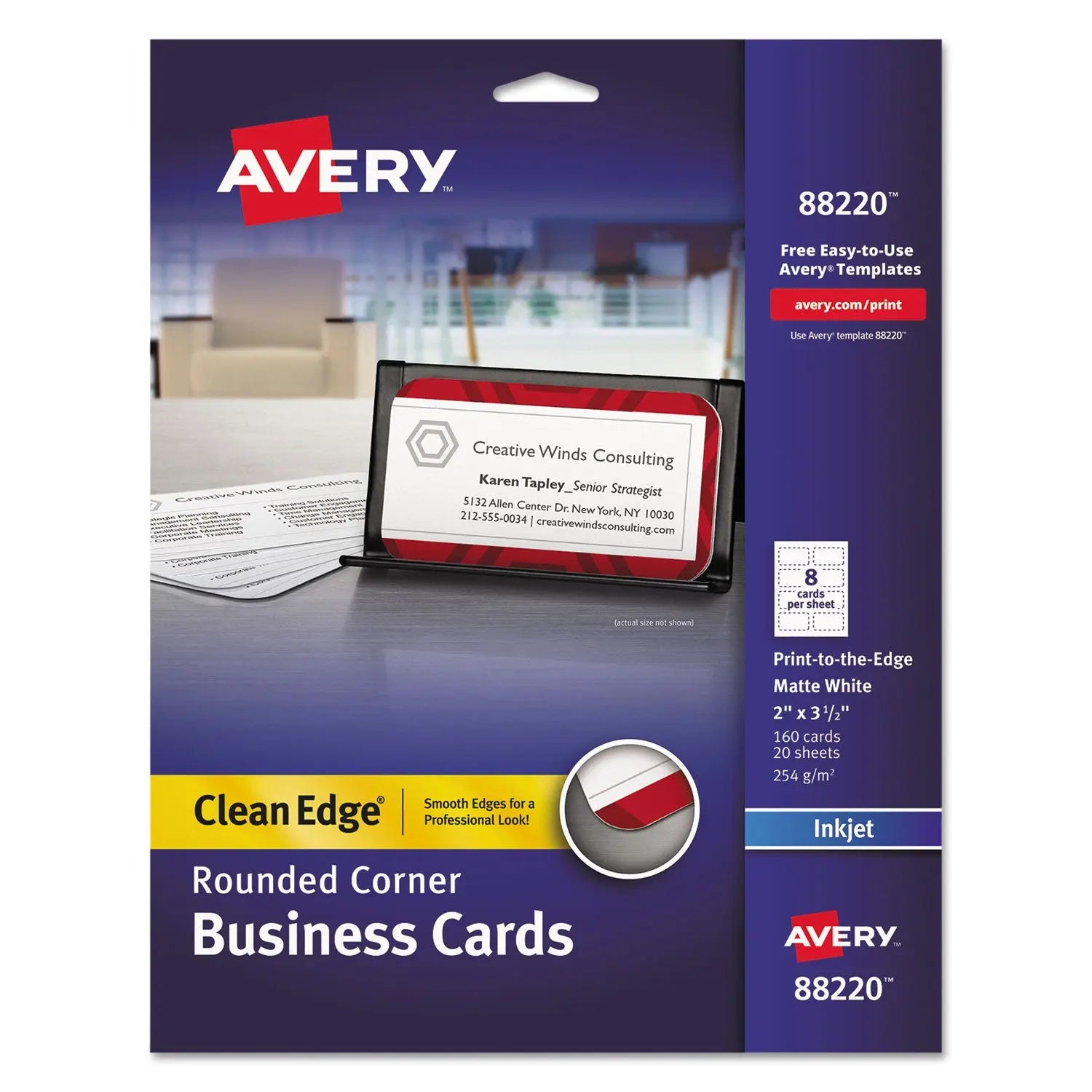Round Corner Print-to-the-Edge Business Cards, Inkjet, 2 x 3.5, White, 160 Cards, 8 Cards/Sheet, 20 Sheets/Pack