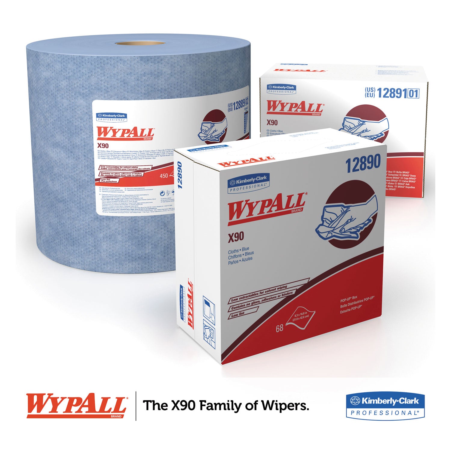 WypAll® X90 Cloths, POP-UP Box, 2-Ply, 8.3 x 16.8, Denim Blue, 68/Box, 5 Boxes/Carton