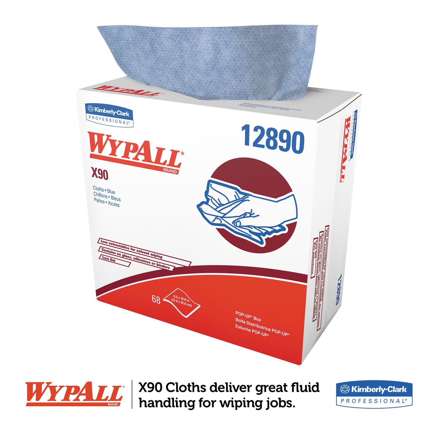 WypAll® X90 Cloths, POP-UP Box, 2-Ply, 8.3 x 16.8, Denim Blue, 68/Box, 5 Boxes/Carton