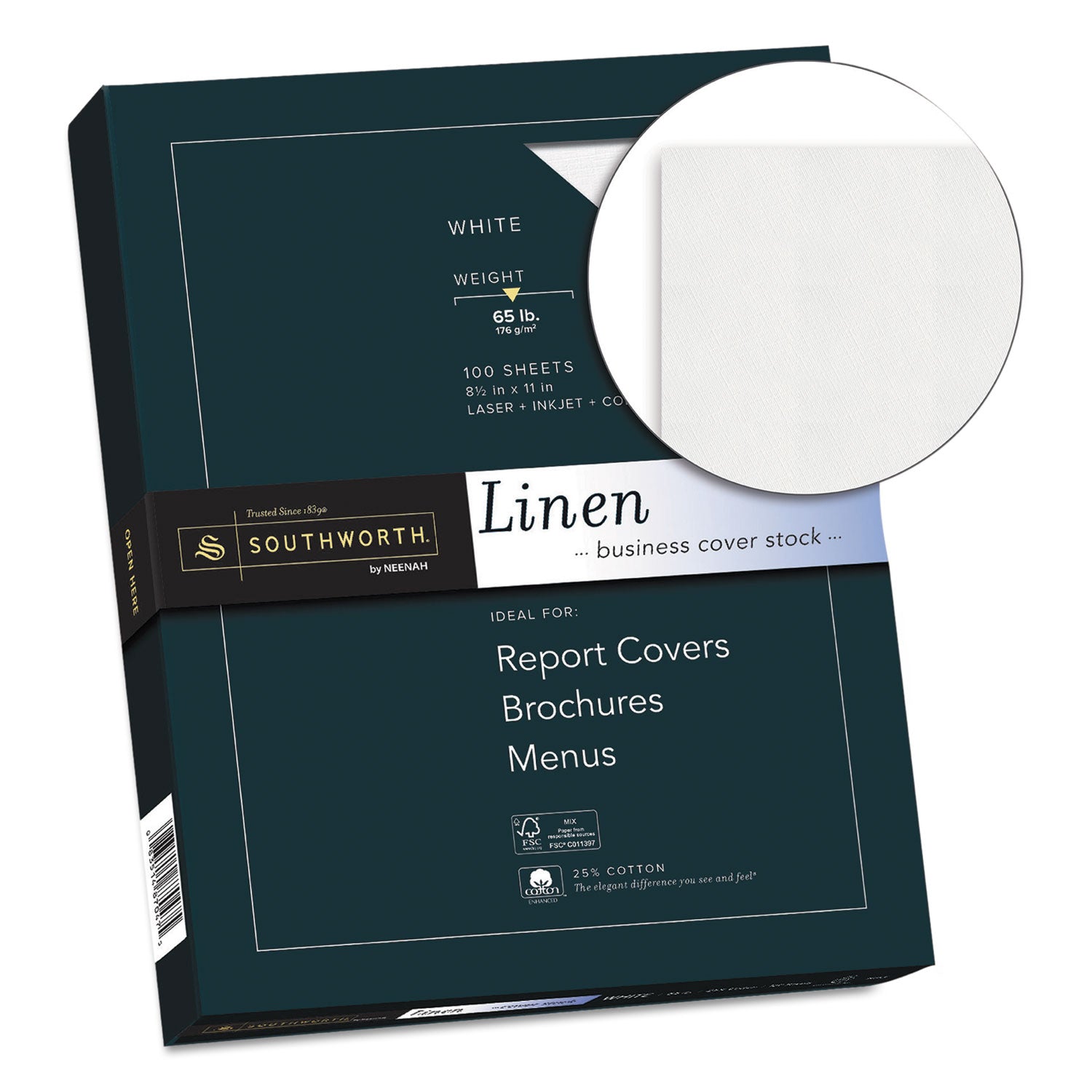 Southworth® 25% Cotton Linen Cover Stock, 65 lb Cover Weight, 8.5 x 11, 100/Pack