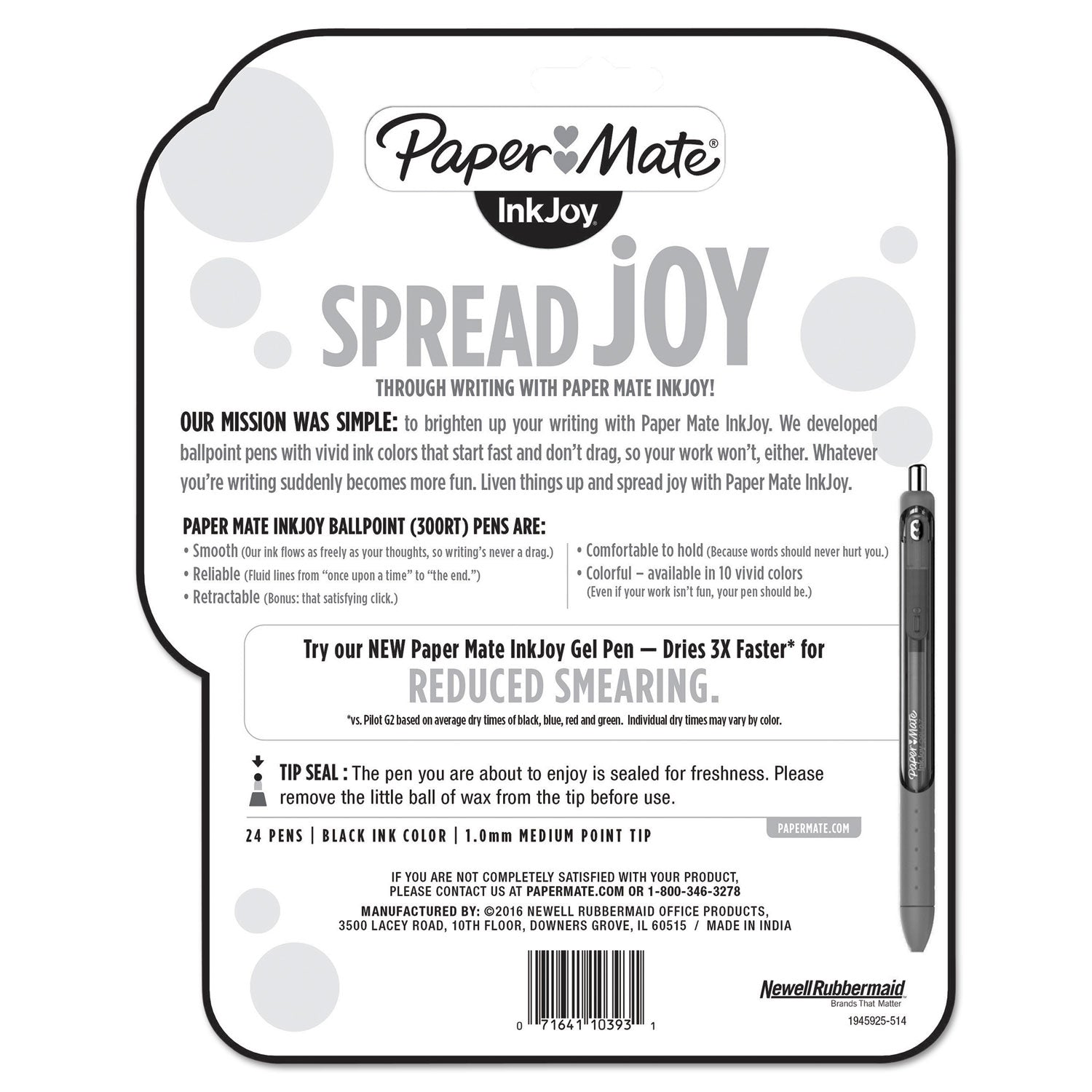 Paper Mate® InkJoy 300 RT Ballpoint Pen, Retractable, Medium 1 mm, Black Ink, Black Barrel, 24/Pack