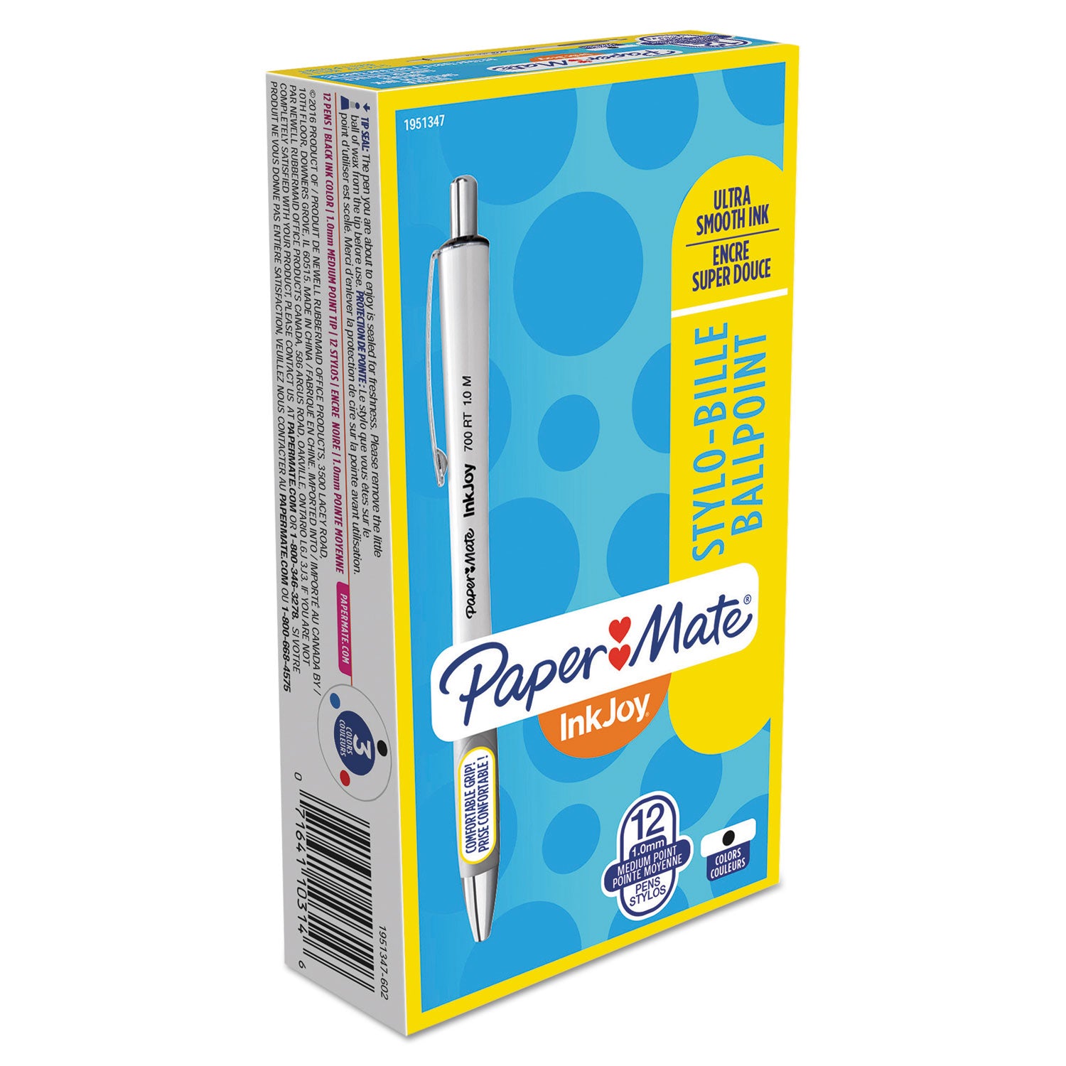 Paper Mate® InkJoy 700 RT Ballpoint Pen, Retractable, Medium 1 mm, Black Ink, White/Gray Barrel, Dozen