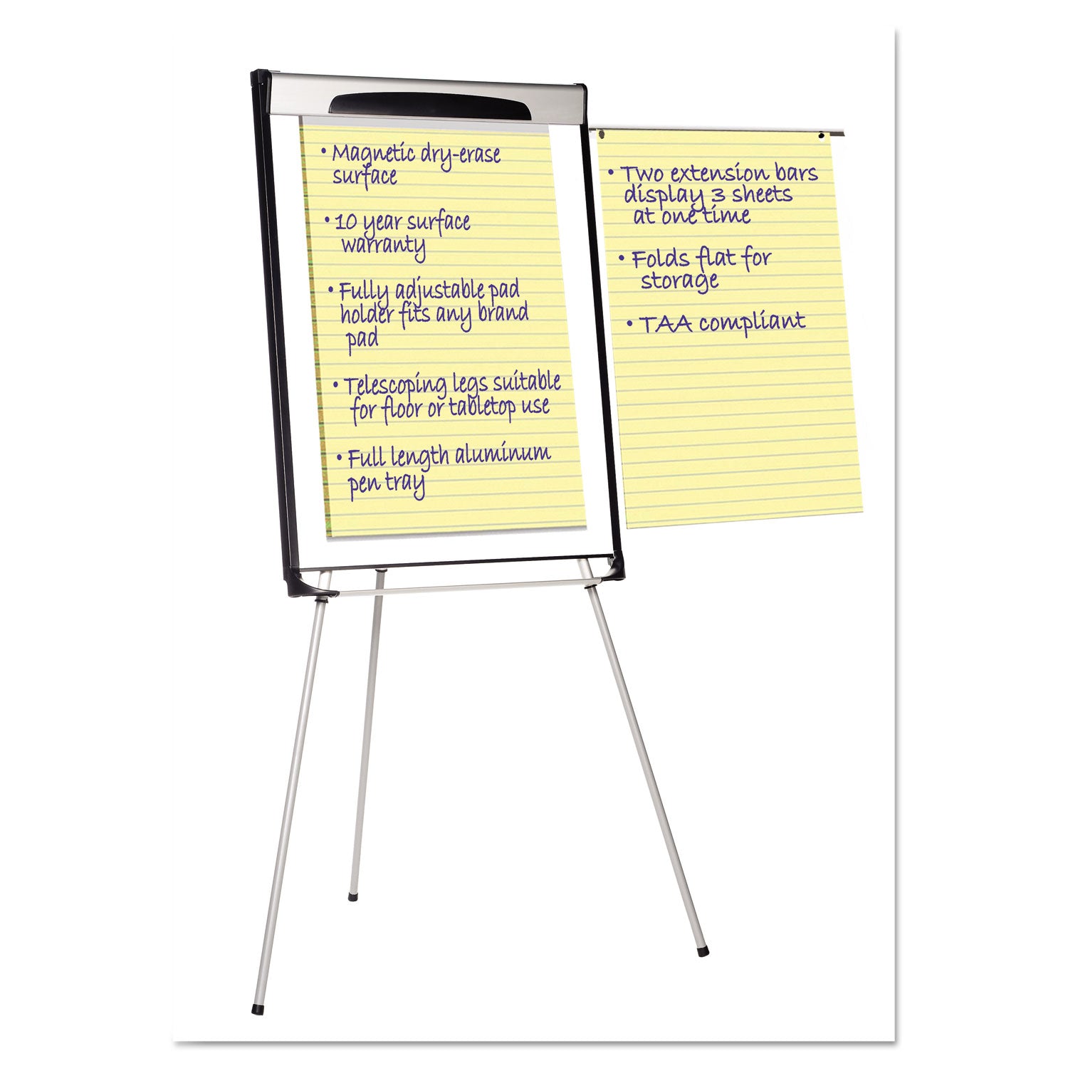 MasterVision® Tripod Extension Bar Magnetic Gold Ultra Dry Erase Easel, 29" x 41", White Surface, Black/Satin Aluminum Frame