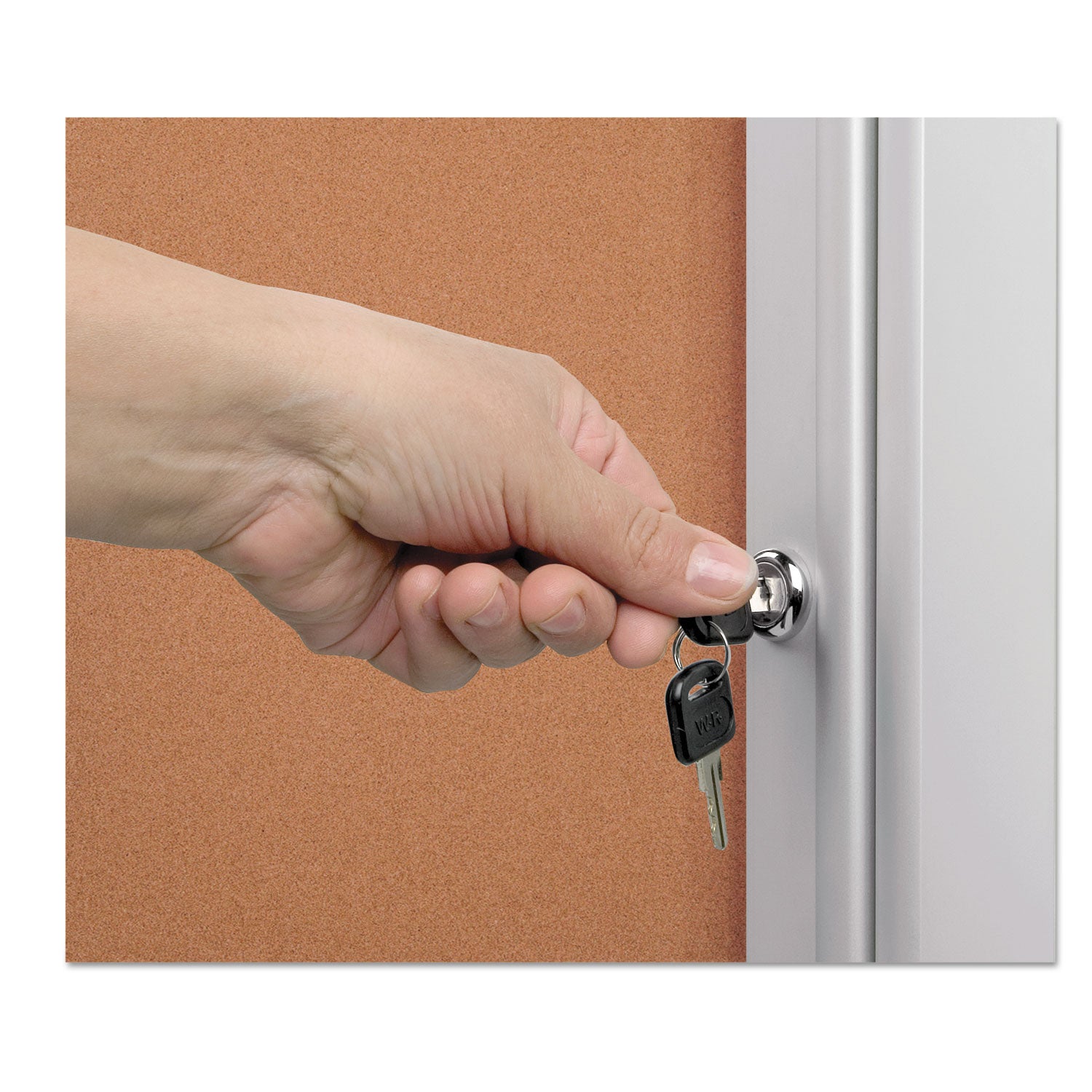 MasterVision® Slim-Line Enclosed Cork Bulletin Board with One Door, 28" x 38", Tan Surface, Satin Aluminum Frame