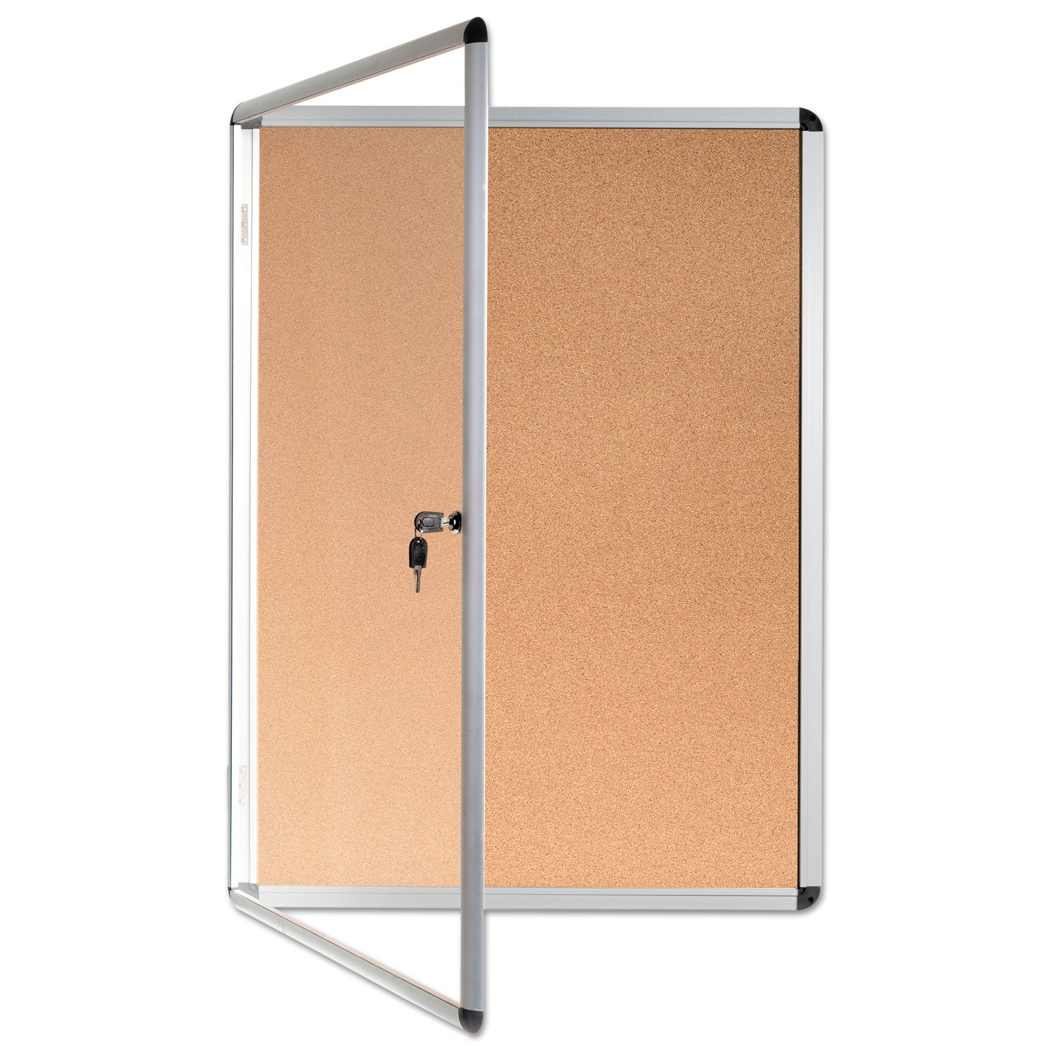 MasterVision® Slim-Line Enclosed Cork Bulletin Board with One Door, 28" x 38", Tan Surface, Satin Aluminum Frame