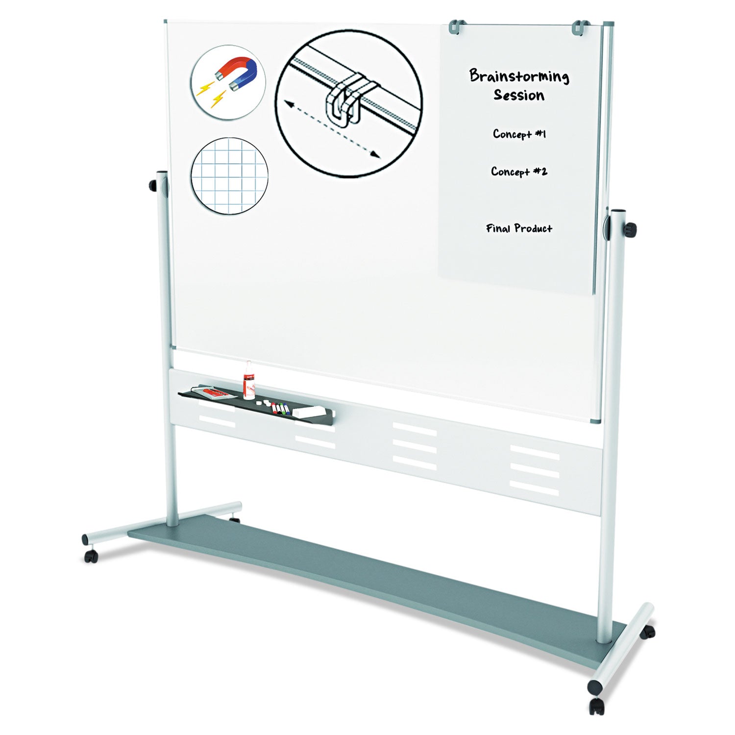 MasterVision® Revolver Easel, Horizontal Orientation, 70.8" x 47.2", White Surface, Satin Aluminum Frame