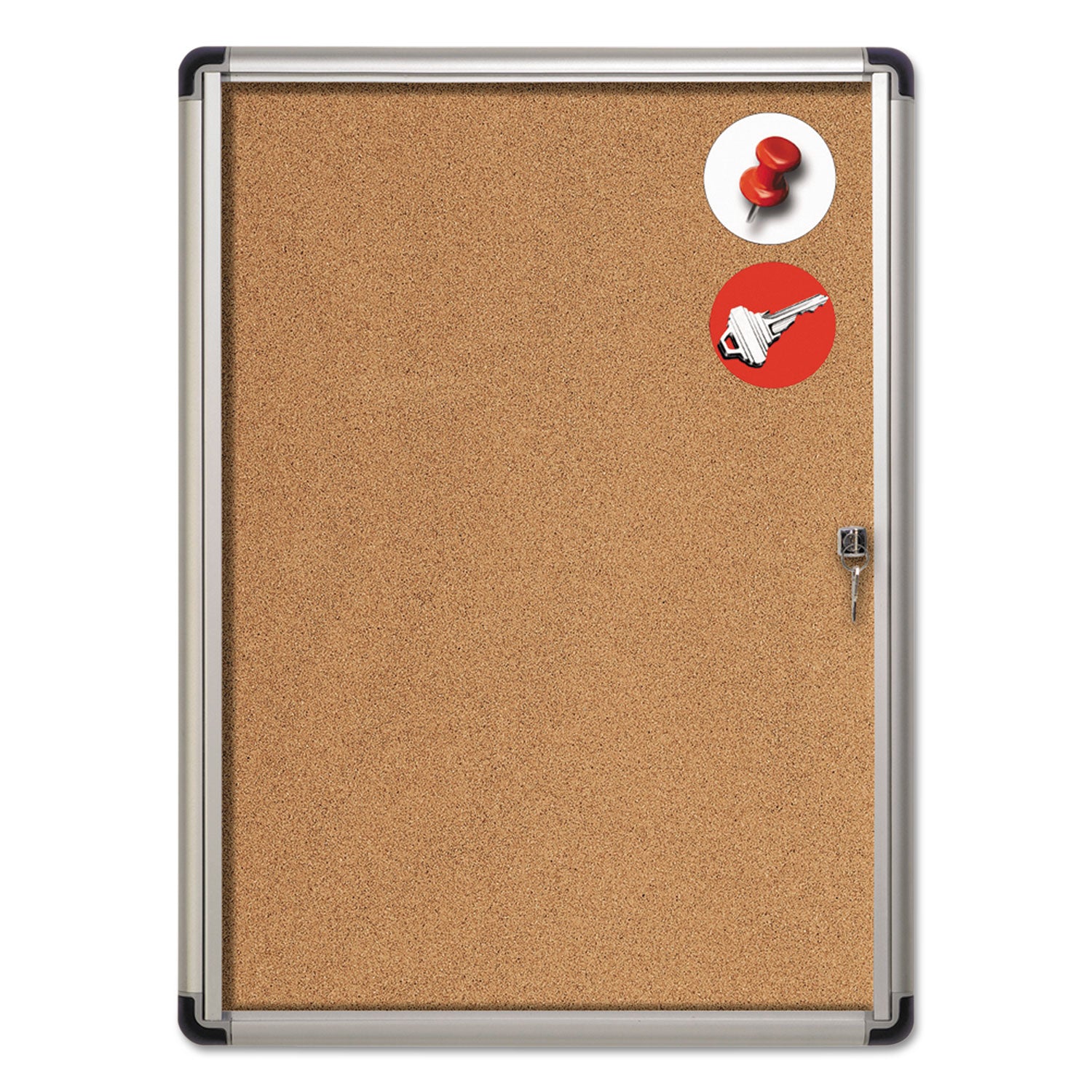 MasterVision® Slim-Line Enclosed Cork Bulletin Board with One Door, 28" x 38", Tan Surface, Satin Aluminum Frame