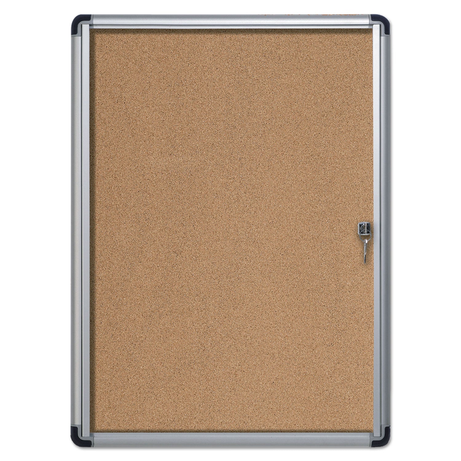 MasterVision® Slim-Line Enclosed Cork Bulletin Board with One Door, 28" x 38", Tan Surface, Satin Aluminum Frame