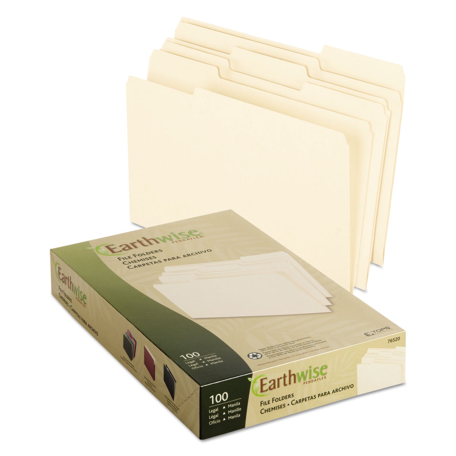 Pendaflex® Earthwise by Pendaflex 100% Recycled Manila File Folder, 1/3-Cut Tabs: Assorted, Legal Size, 0.75" Expansion, Manila, 100/Box