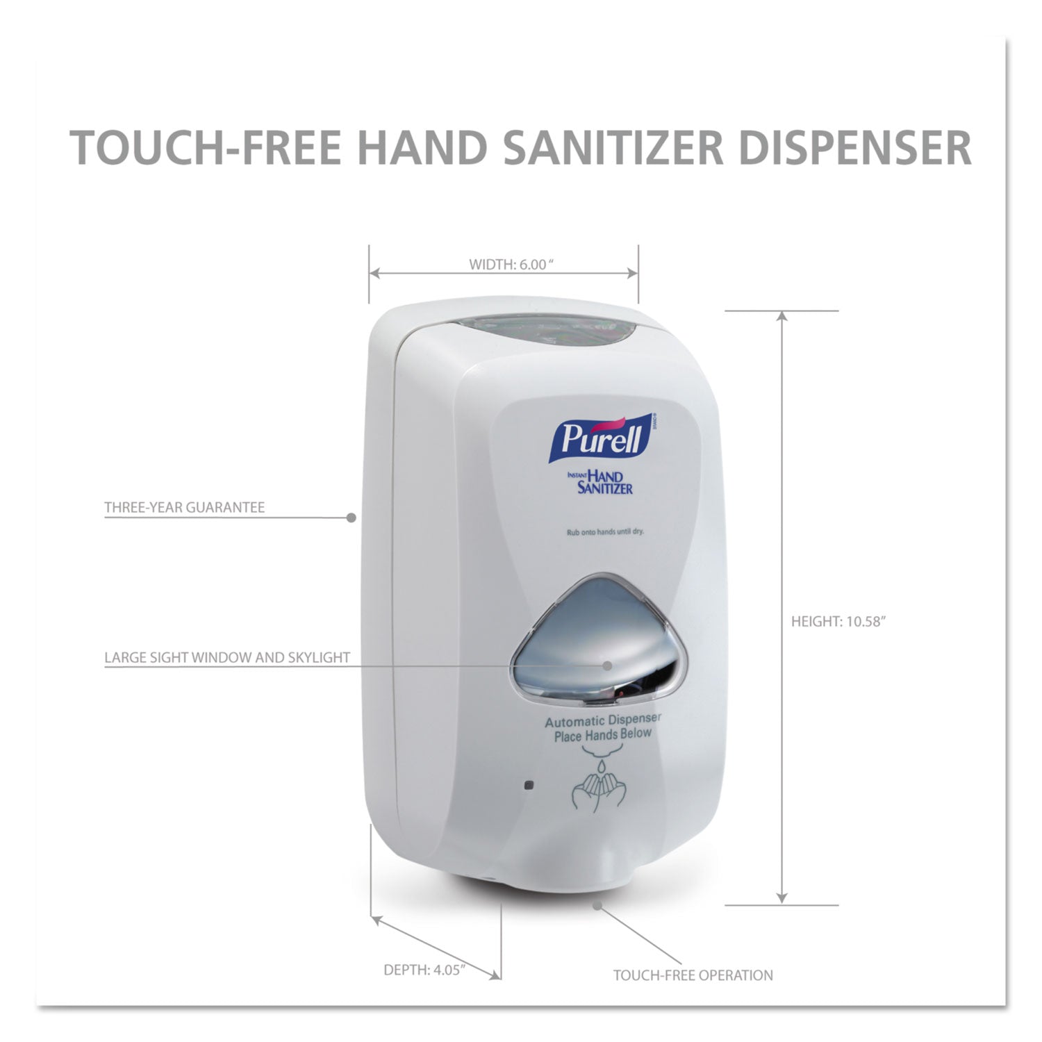 PURELL® Tfx Touch Free Dispenser, 1,200 Ml, 6.5 X 4.5 X 10.58, Dove Gray