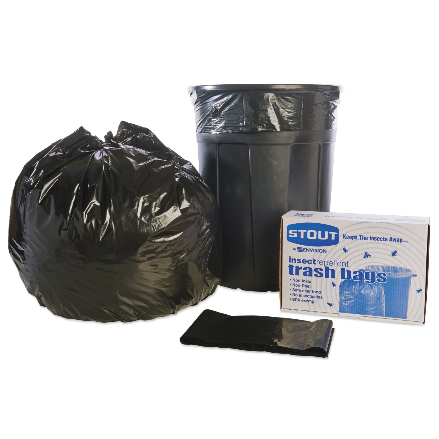 Stout® by Envision™ Insect-Repellent Trash Bags, 55 Gal, 2 Mil, 37" X 52", Black, 65/box