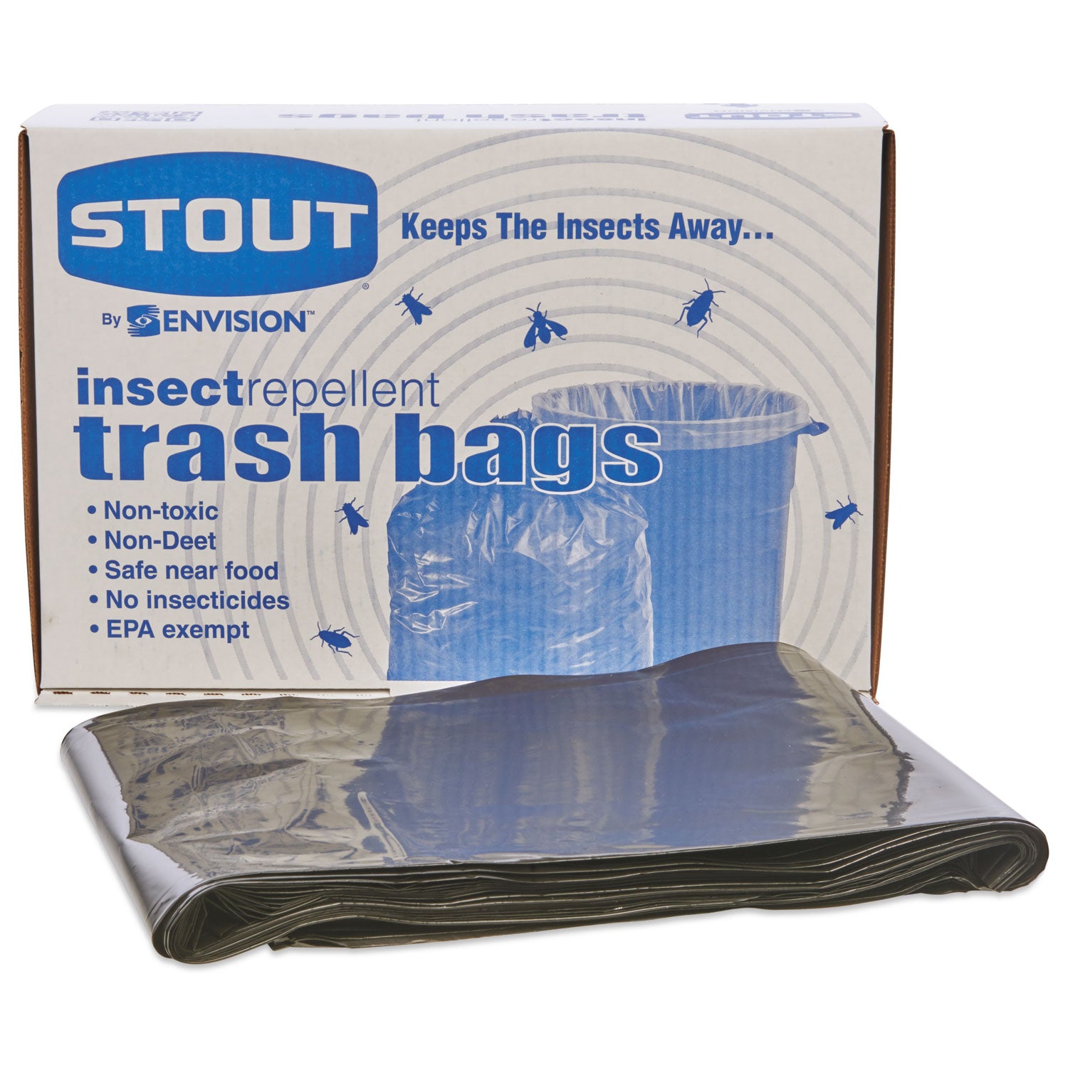 Stout® by Envision™ Insect-Repellent Trash Bags, 55 Gal, 2 Mil, 37" X 52", Black, 65/box
