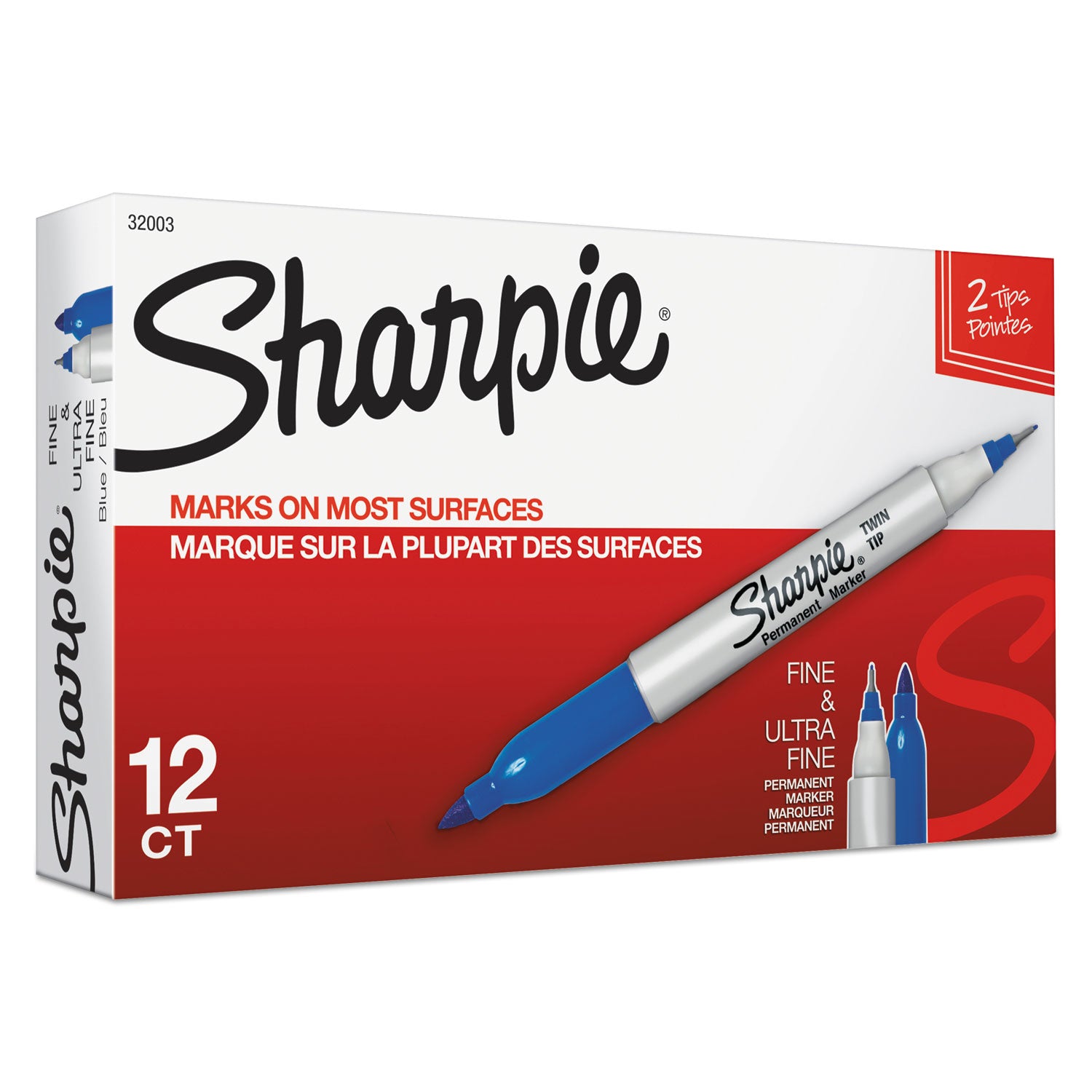 Sharpie® Twin-Tip Permanent Marker, Extra-Fine/fine Bullet Tips, Blue, Dozen
