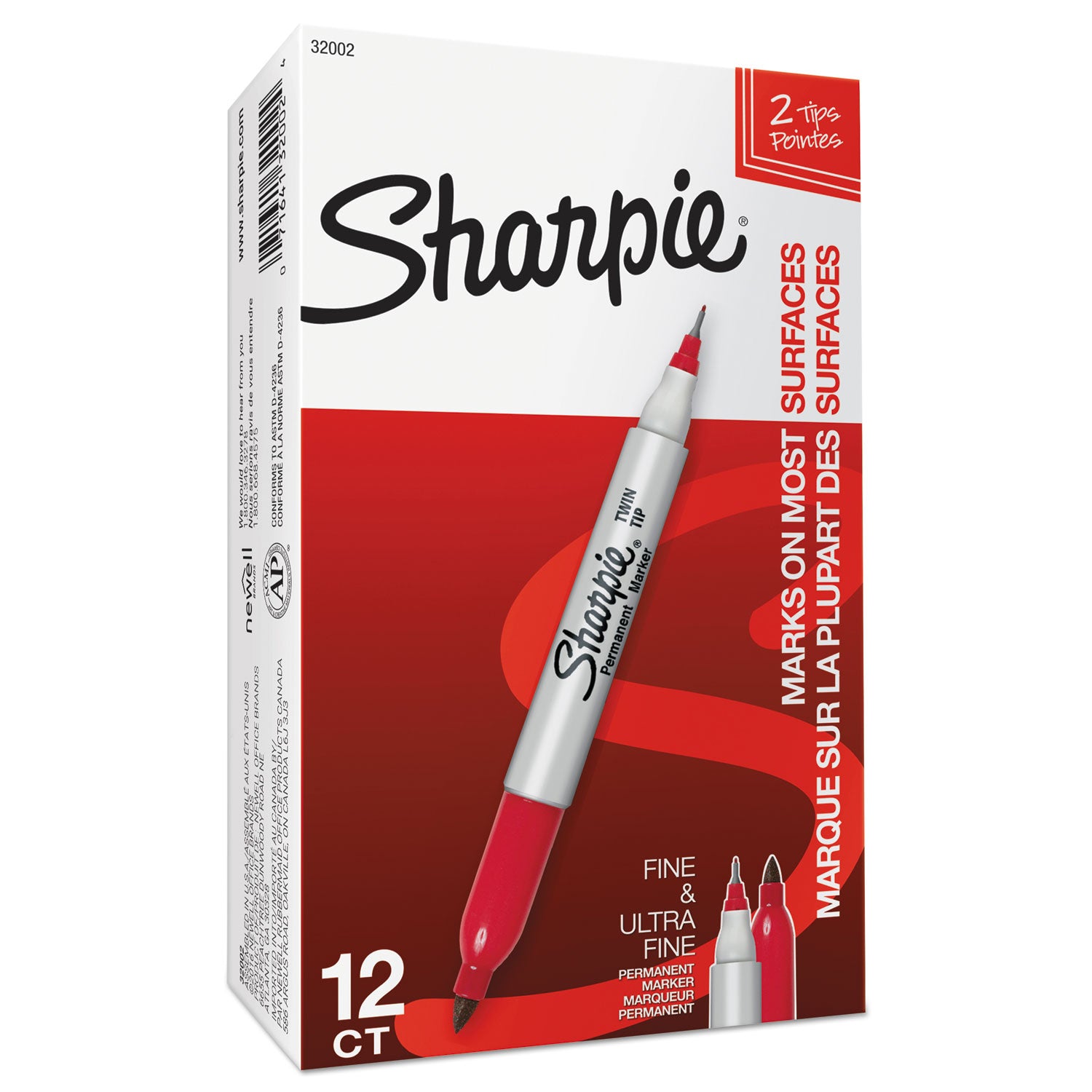 Sharpie® Twin-Tip Permanent Marker, Extra-Fine/fine Bullet Tips, Red, Dozen