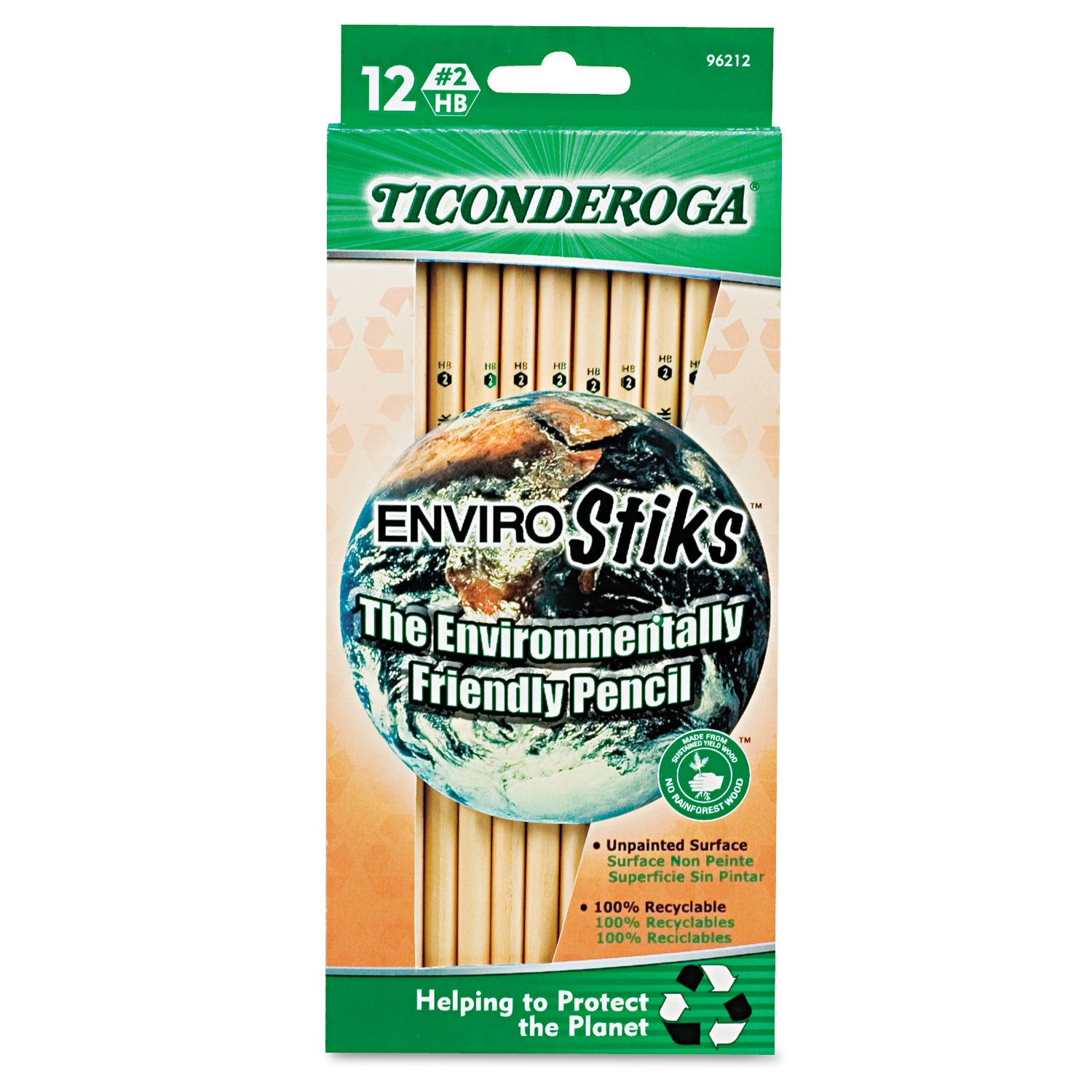 Ticonderoga® Envirostiks Pencil, Hb (#2), Black Lead, Natural Woodgrain Barrel, Dozen