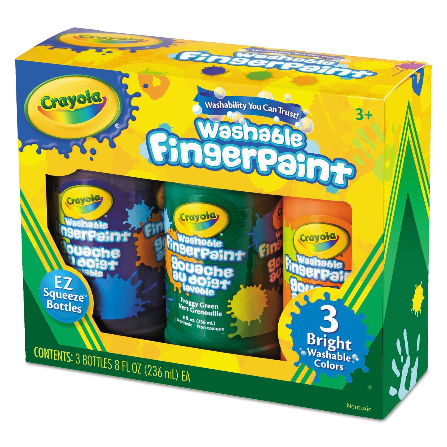 Crayola® Washable Fingerpaint Pack, 3 Assorted Bright Colors, 8 oz Tube, 3/Box