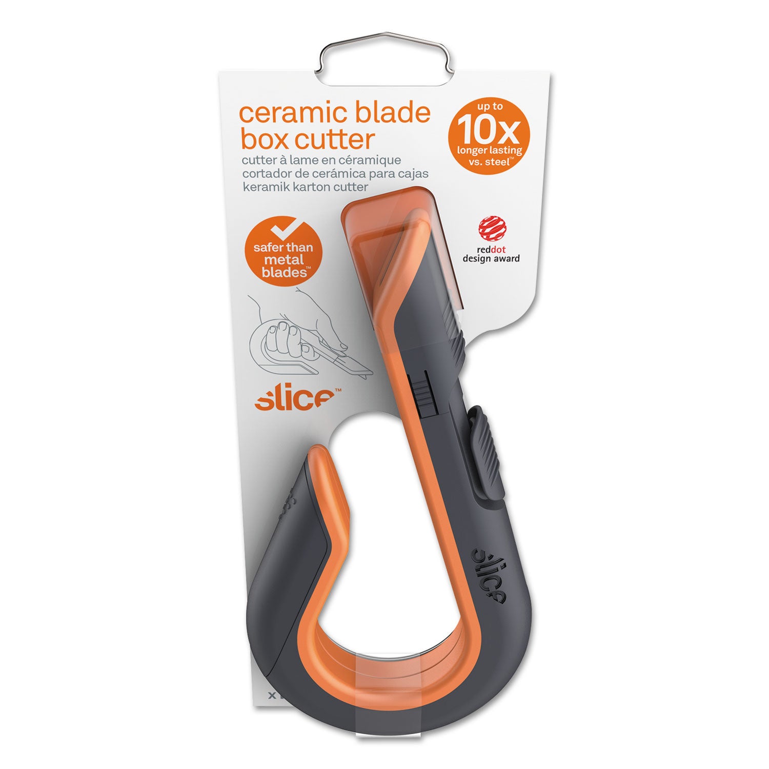 slice® Box Cutters, Double Sided, Replaceable, 1.29" Carbon Steel Blade, 7" Nylon Handle, Gray/Orange