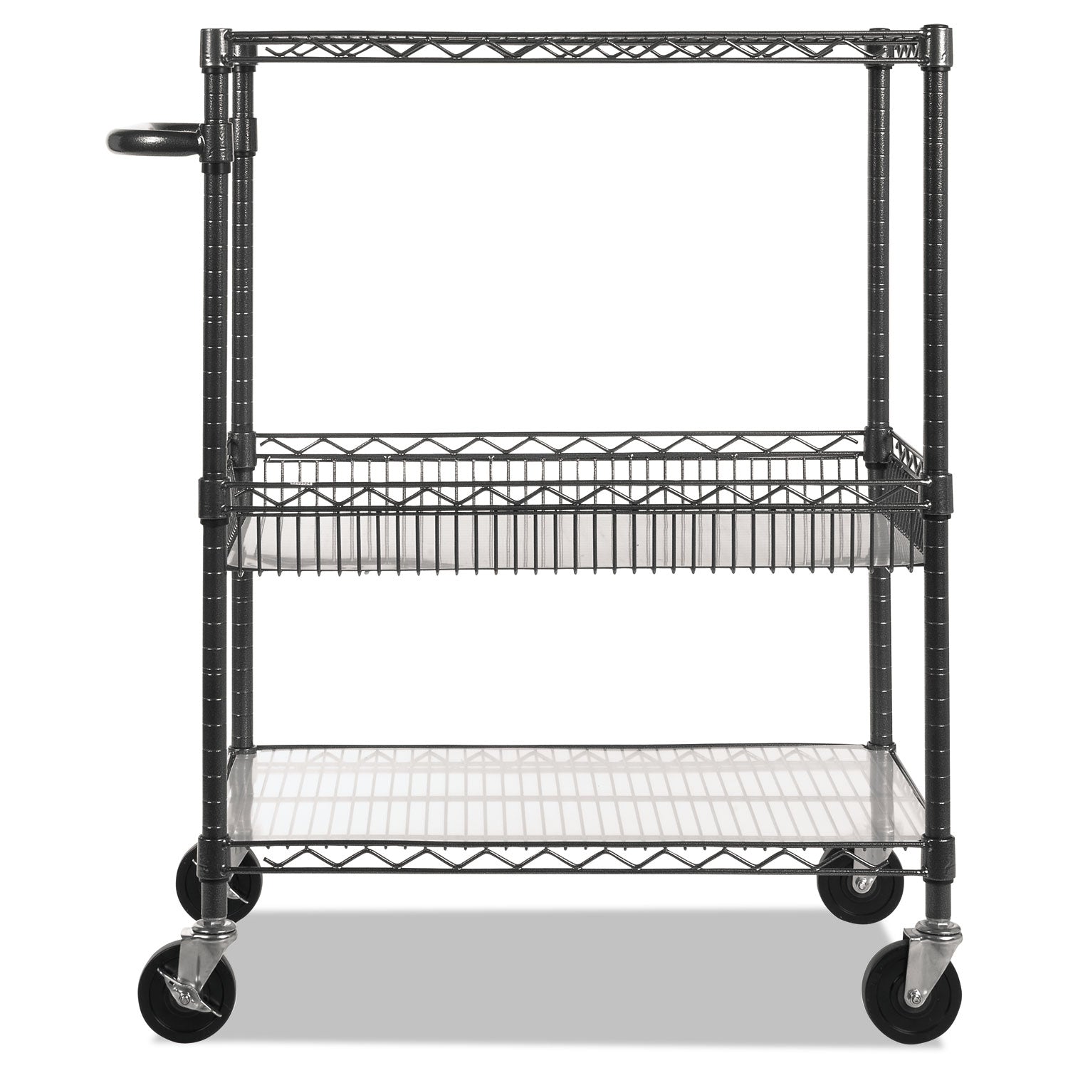 Alera® Three-Tier Wire Cart with Basket, Metal, 2 Shelves, 1 Bin, 500 lb Capacity, 34" x 18" x 40", Black Anthracite