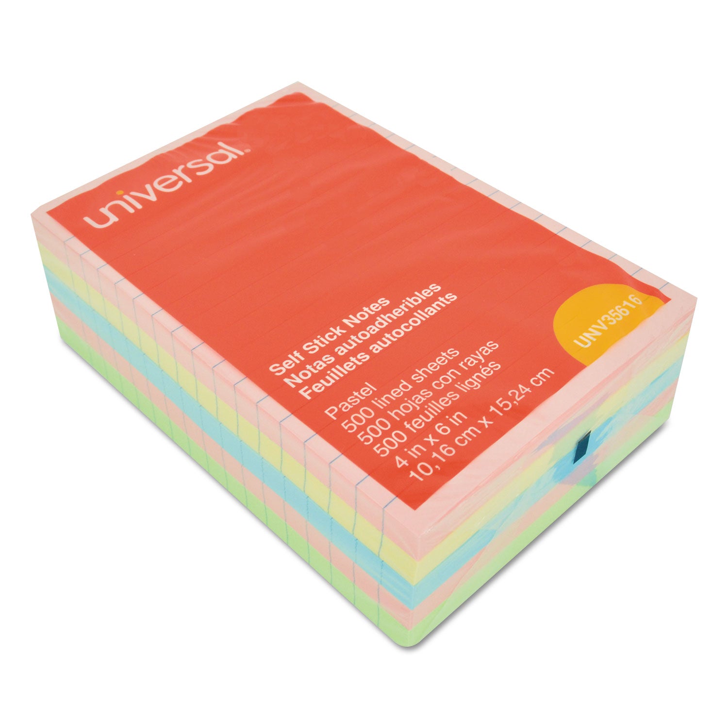 Universal® Self-Stick Note Pads, Note Ruled, 4" x 6", Assorted Pastel Colors, 100 Sheets/Pad, 5 Pads/Pack
