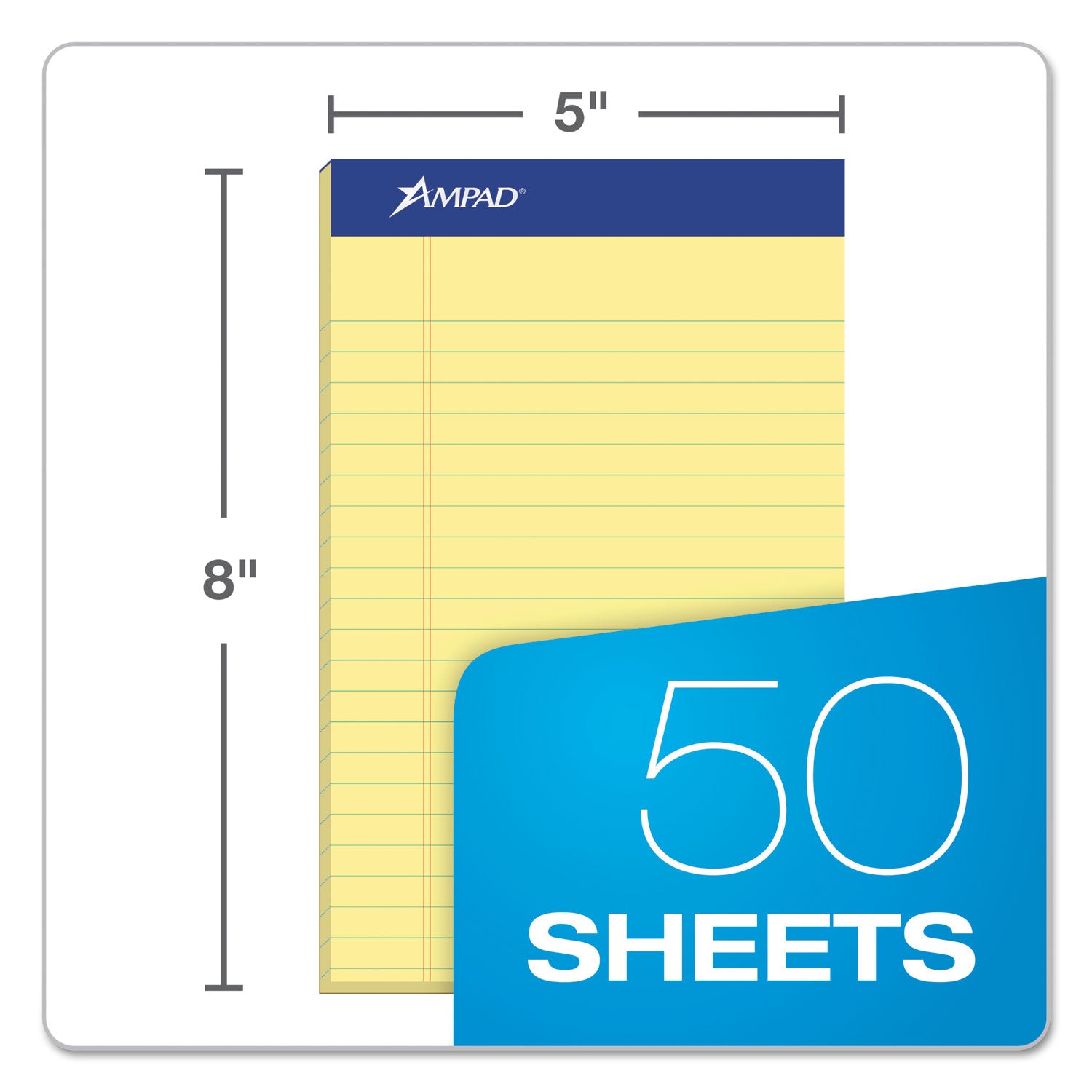 Ampad® Perforated Writing Pads, Narrow Rule, 50 Canary-Yellow 5 X 8 Sheets, Dozen
