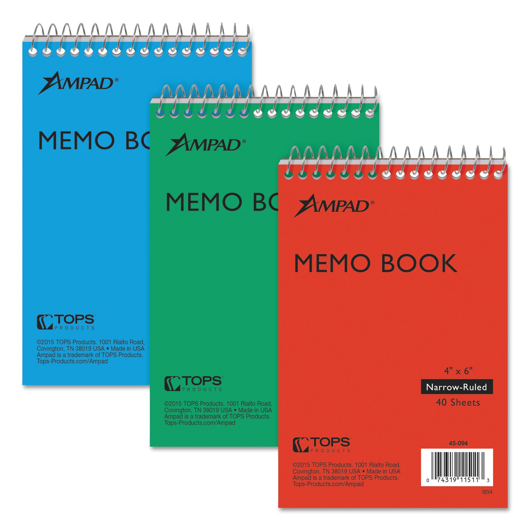 Memo Pads, Narrow Rule, Assorted Cover Colors, 40 White 4 x 6 Sheets, 3/Pack