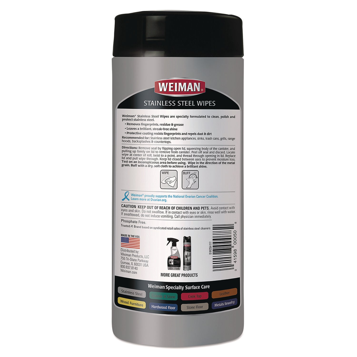 WEIMAN® Stainless Steel Wipes, 1-Ply, 7 x 8, White, 30/Canister