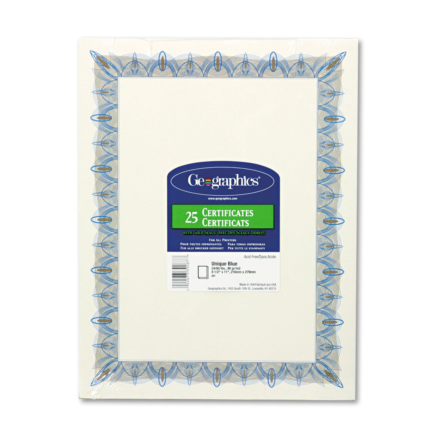 Geographics® Award Certificates With Gold Seals, 8.5 X 11, Unique Blue With White Border, 25/pack