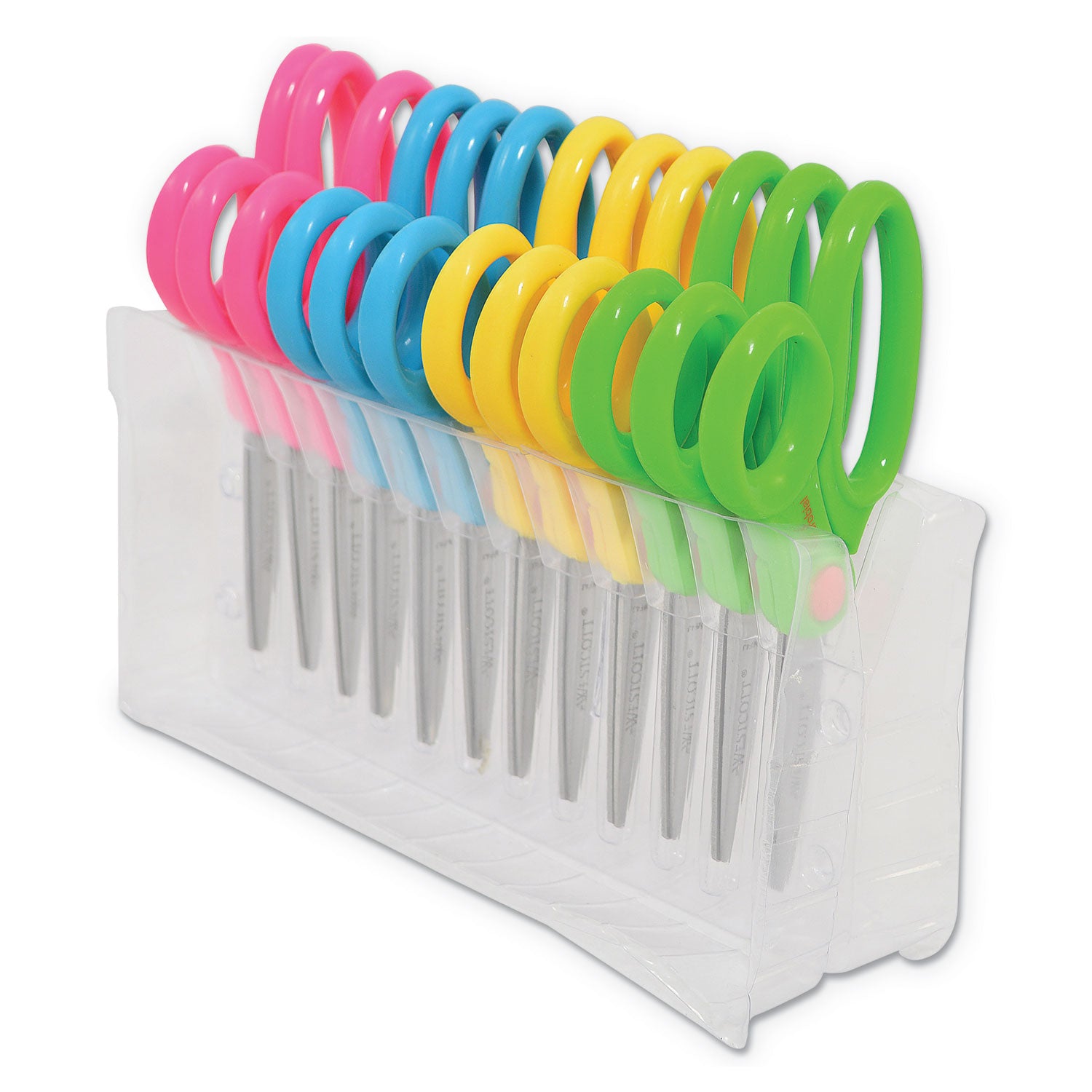 Westcott® Kids' Scissors with Antimicrobial Protection, Pointed Tip, 5" Long, 2" Cut Length, Straight Assorted Color Handles, 12/Pack