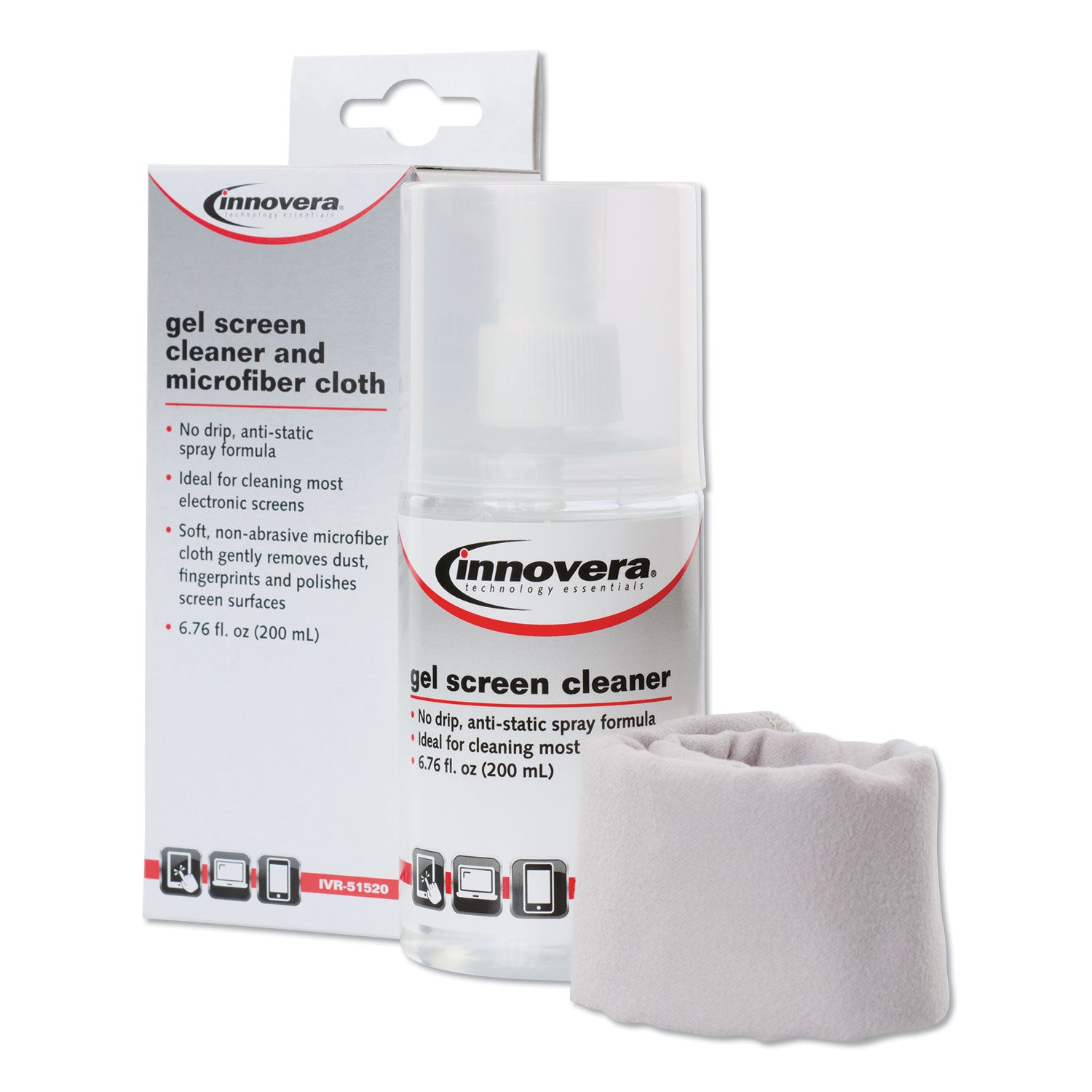 Innovera® Anti-Static Gel Screen Cleaner, With Gray Microfiber Cloth, 4 Oz Spray Bottle