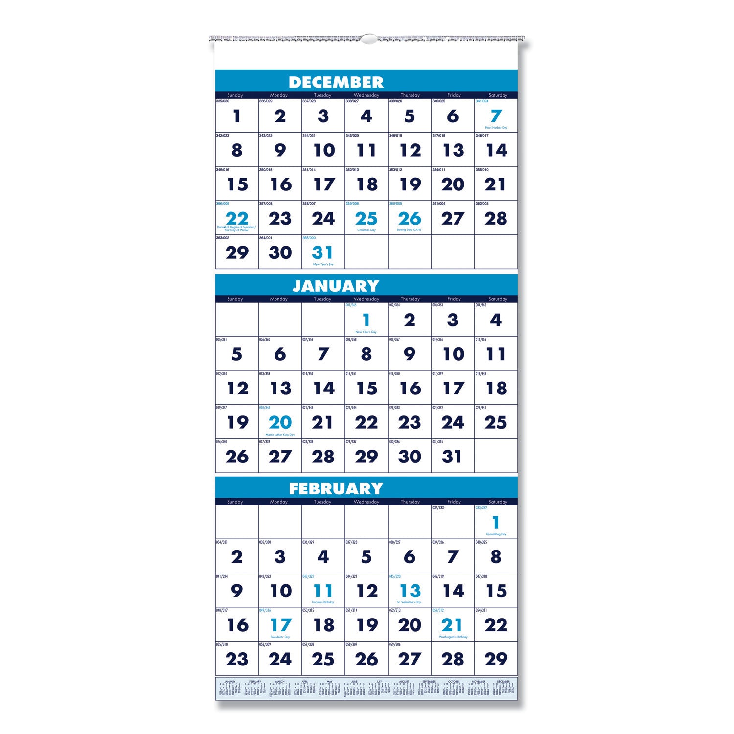 Recycled Three-Month Format Wall Calendar, Vertical Orientation, 12.25 x 26, White Sheets, 14-Month: Dec 2024 to Jan 2026