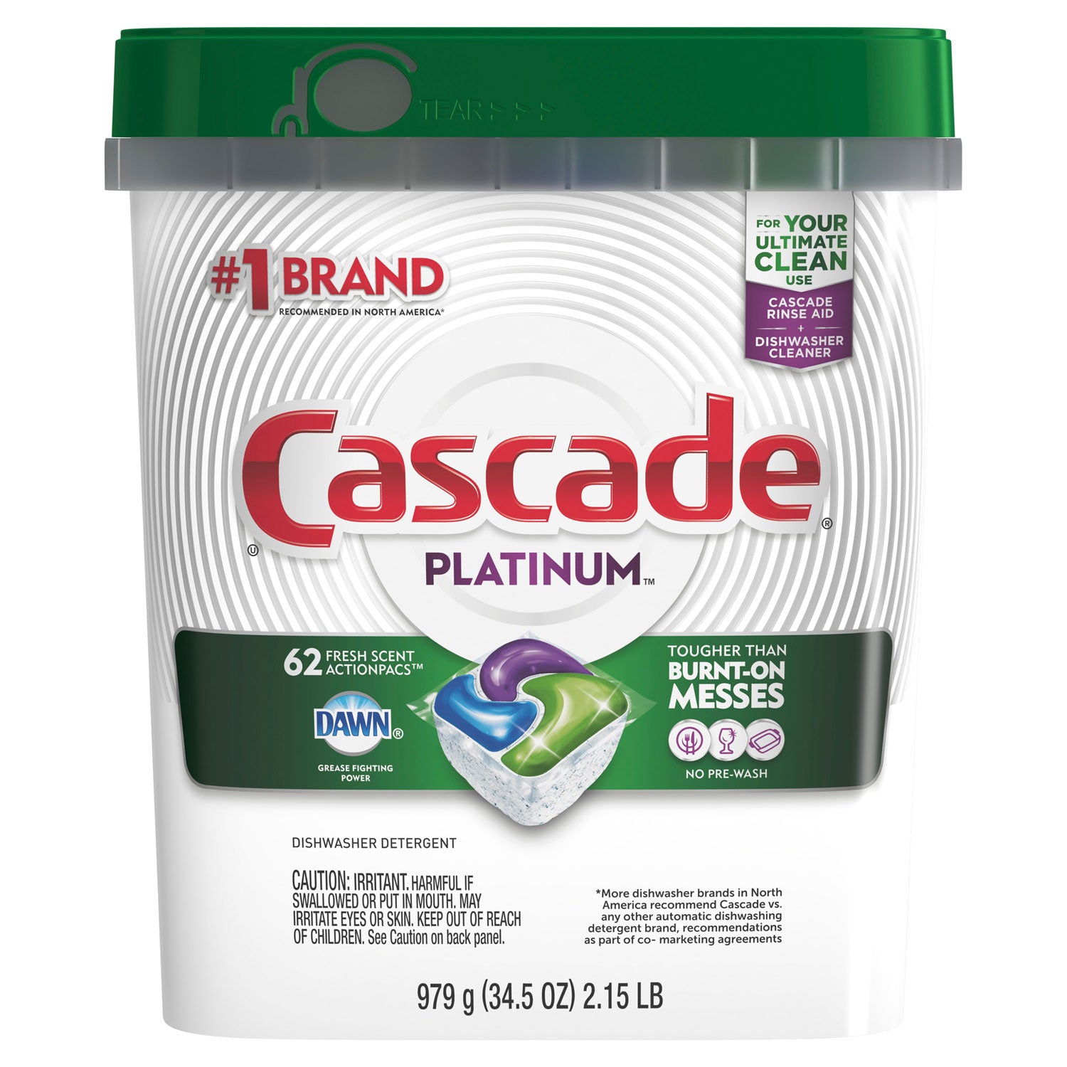 Cascade® ActionPacs, Fresh Scent, 34.5 oz, 62 Pacs/Tub, 3 Tubs/Carton