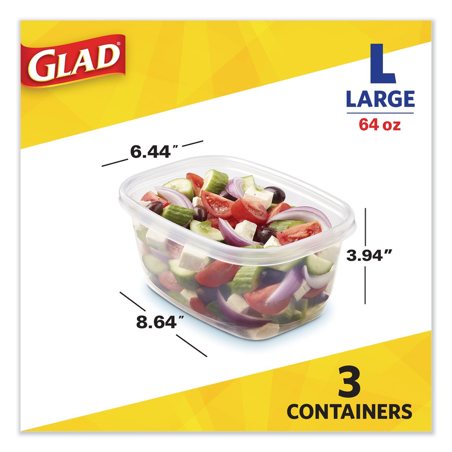 Glad® Deep Dish Food Storage Containers, 64 oz, Plastic, 3/Pack