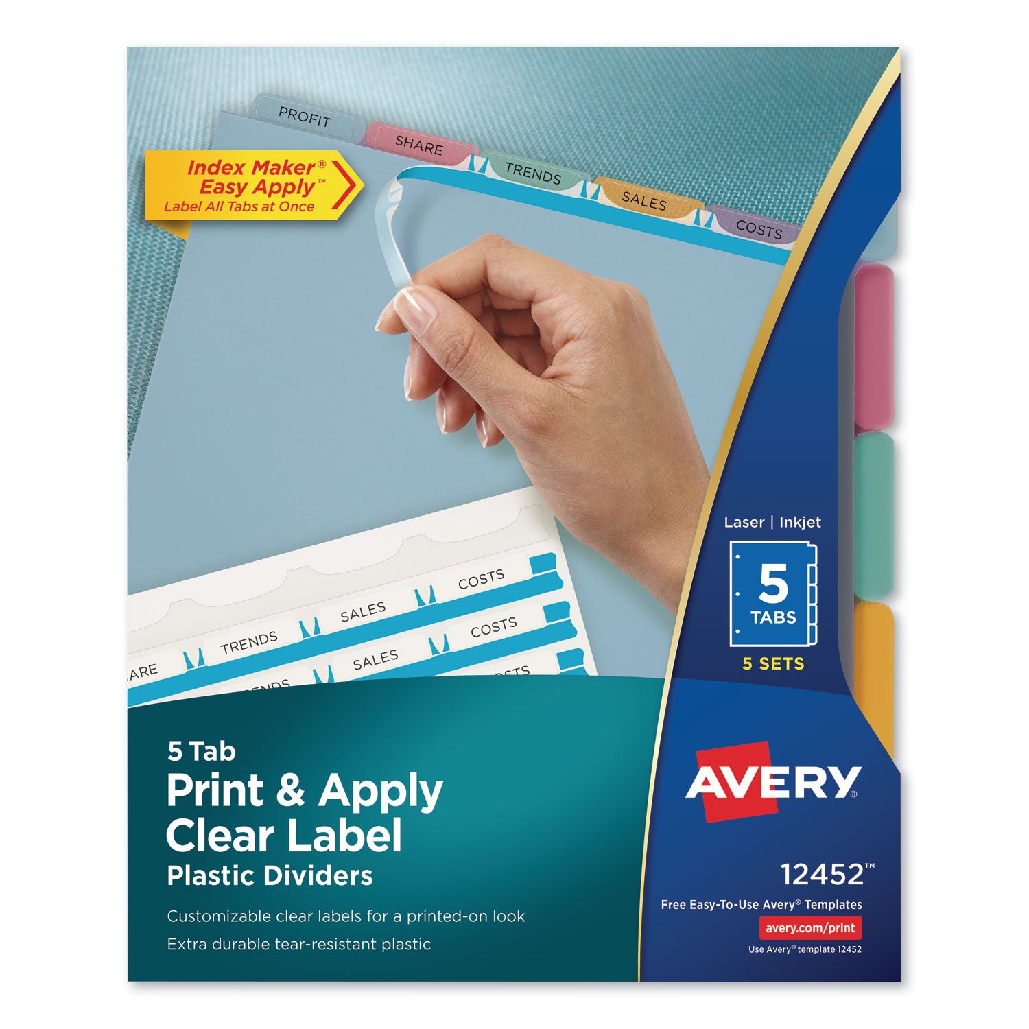 Print and Apply Index Maker Clear Label Plastic Dividers with Printable Label Strip, 5-Tab, 11 x 8.5, Assorted Tabs, 5 Sets