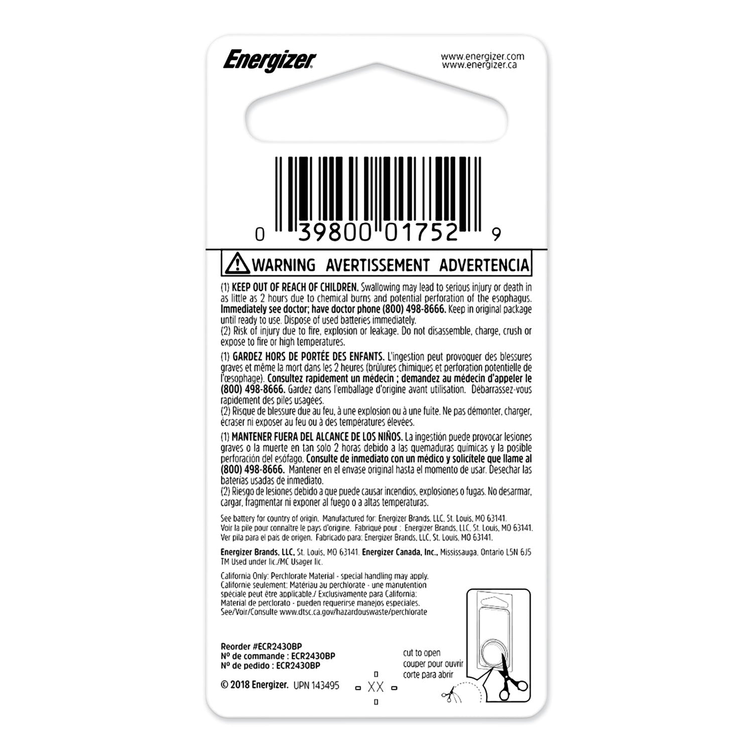 Energizer® 2430 Lithium Coin Battery, 3 V