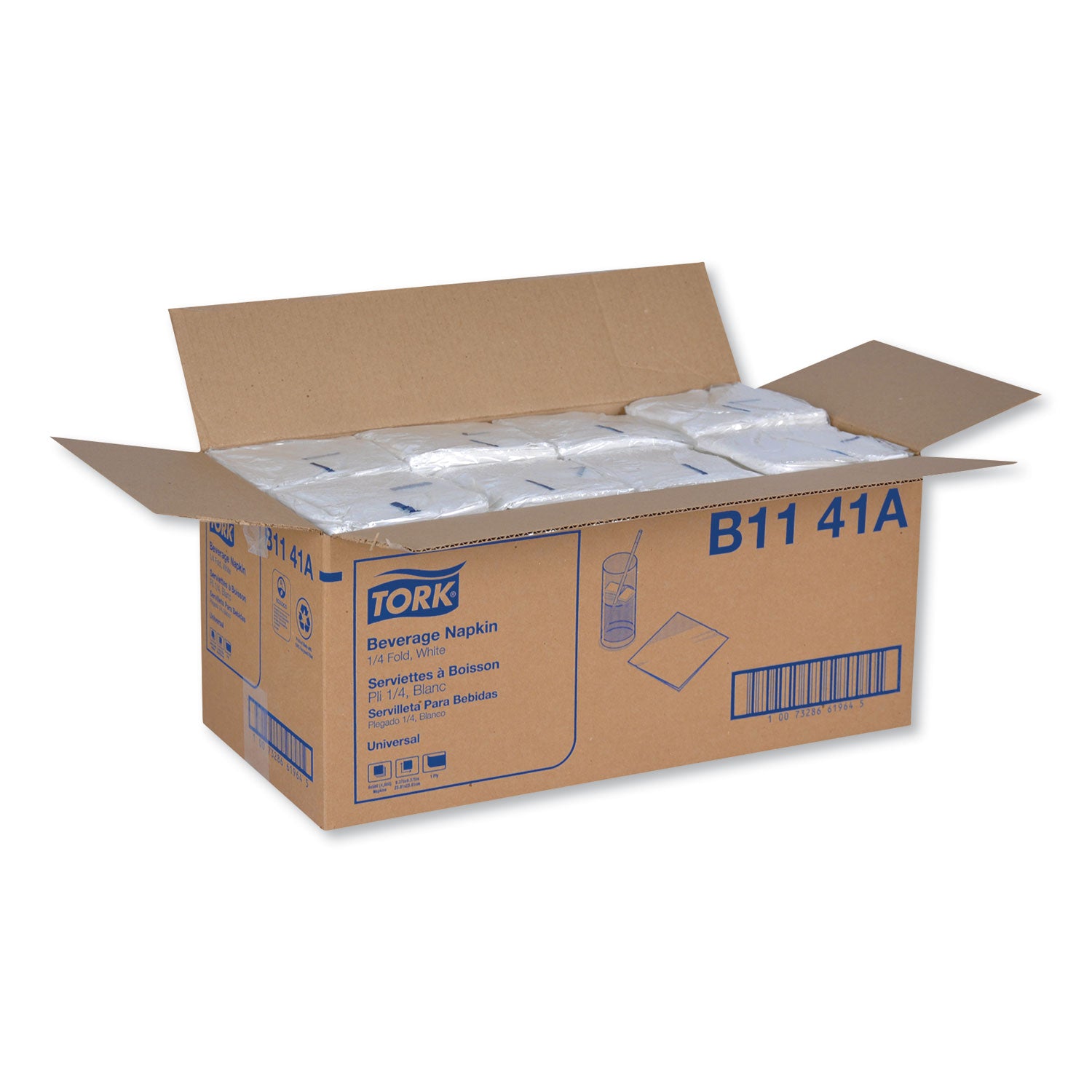 Tork® Universal Beverage Napkin, 1-Ply,9.13 X 9.13, 1/4 Fold, Poly-Pack, White, 4000/carton