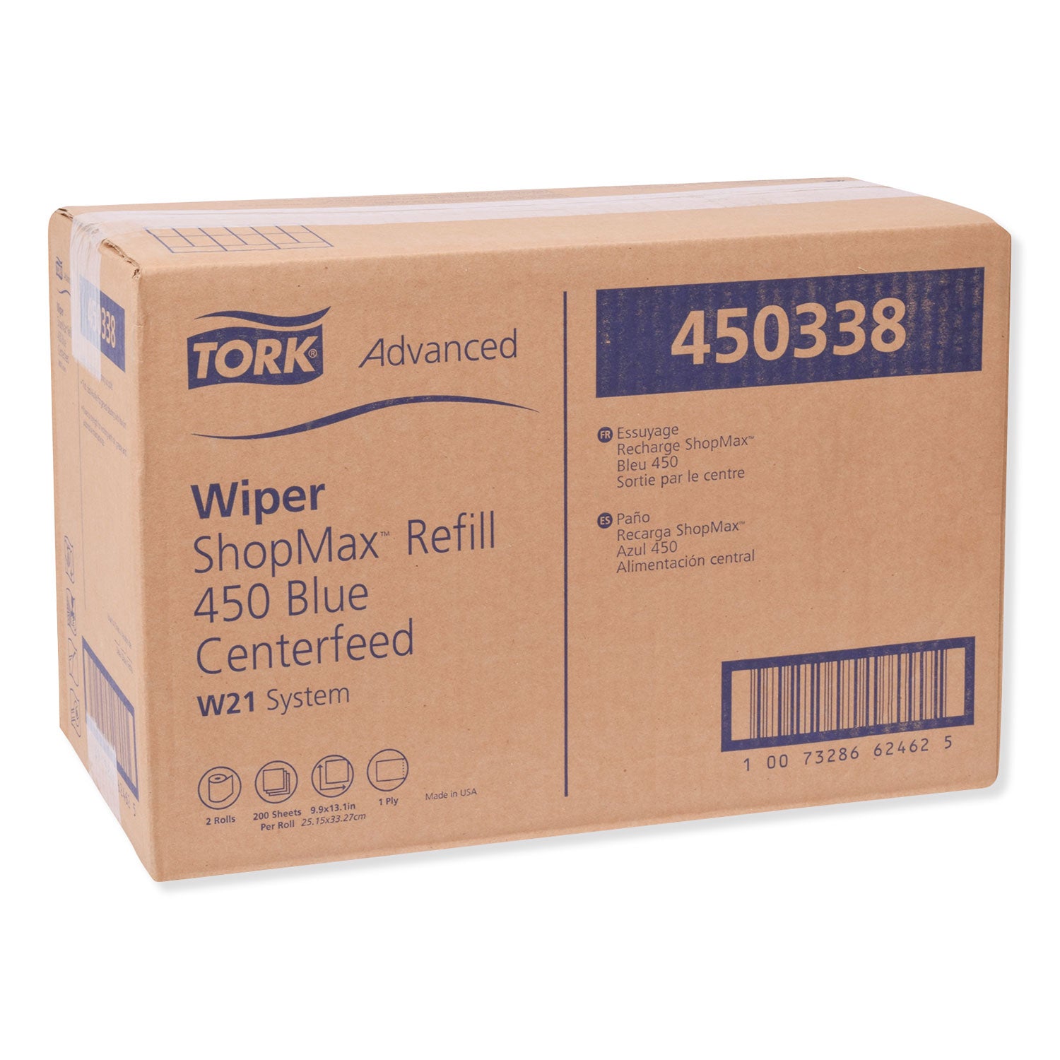 Tork® Advanced ShopMax Wiper 450, Centerfeed Refill, 9.9 x 13.1, Blue, 200/Roll, 2 Rolls/Carton