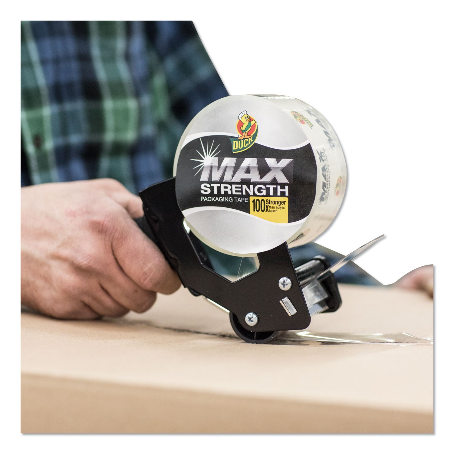 Duck® Max Packaging Tape With Pistol Grip Dispenser, 3" Core, 1.88" X 54.6 Yds, Crystal Clear
