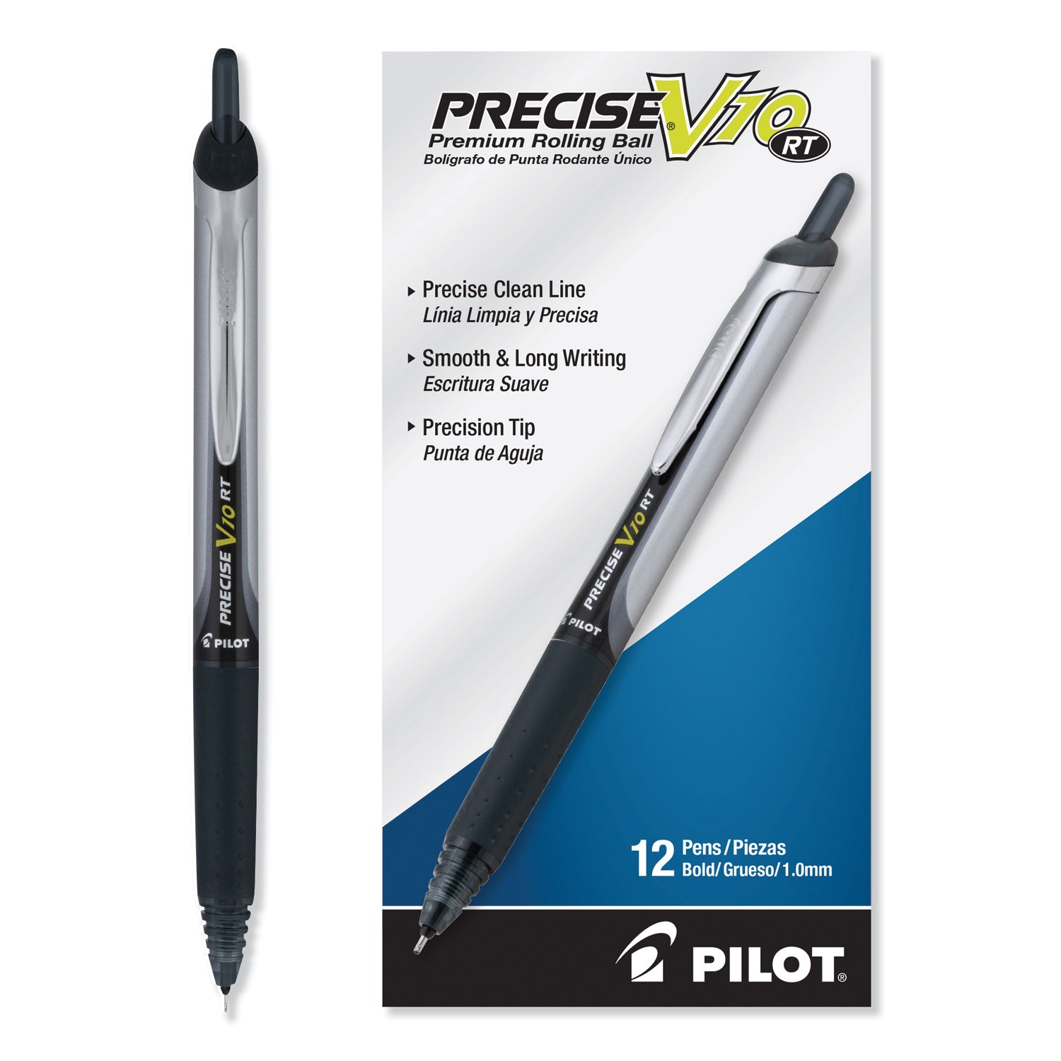 Pilot® Precise V10RT Rollerball Pen, Retractable, Bold 1 mm, Black Ink, Black Barrel, Dozen