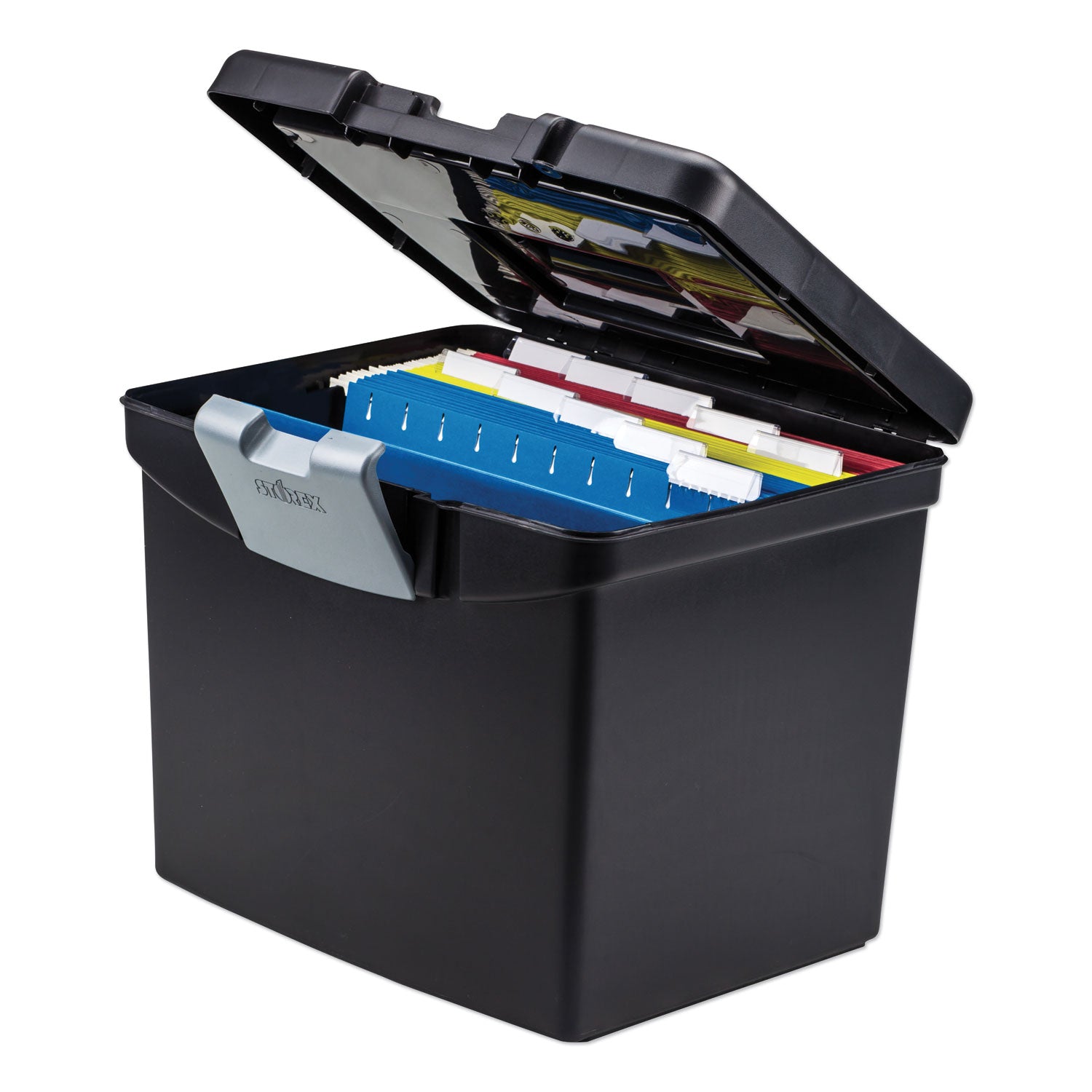 Storex Portable File Box With Large Organizer Lid, Letter Files, 13.25" X 10.88" X 11", Black