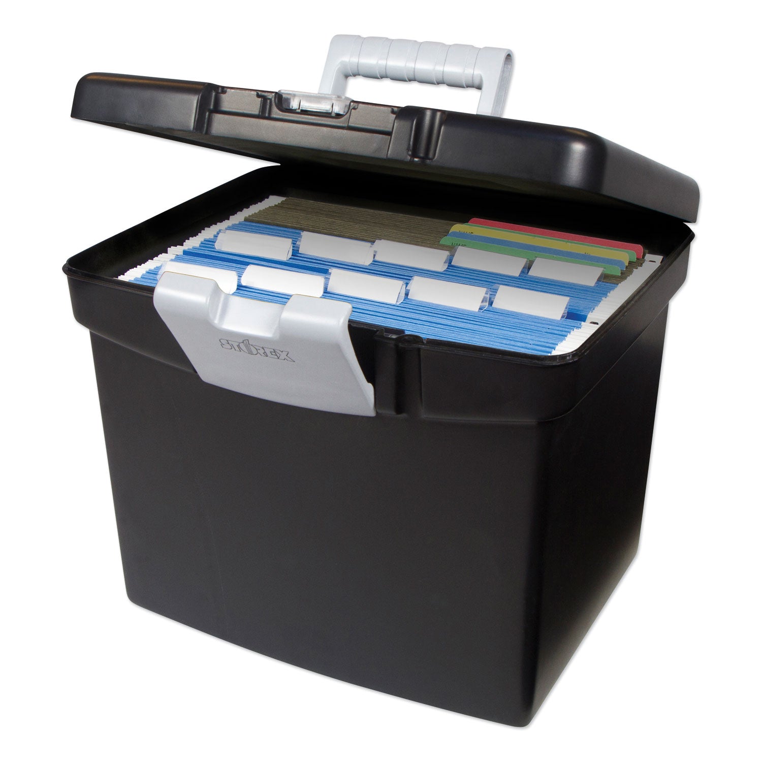 Storex Portable File Box With Large Organizer Lid, Letter Files, 13.25" X 10.88" X 11", Black