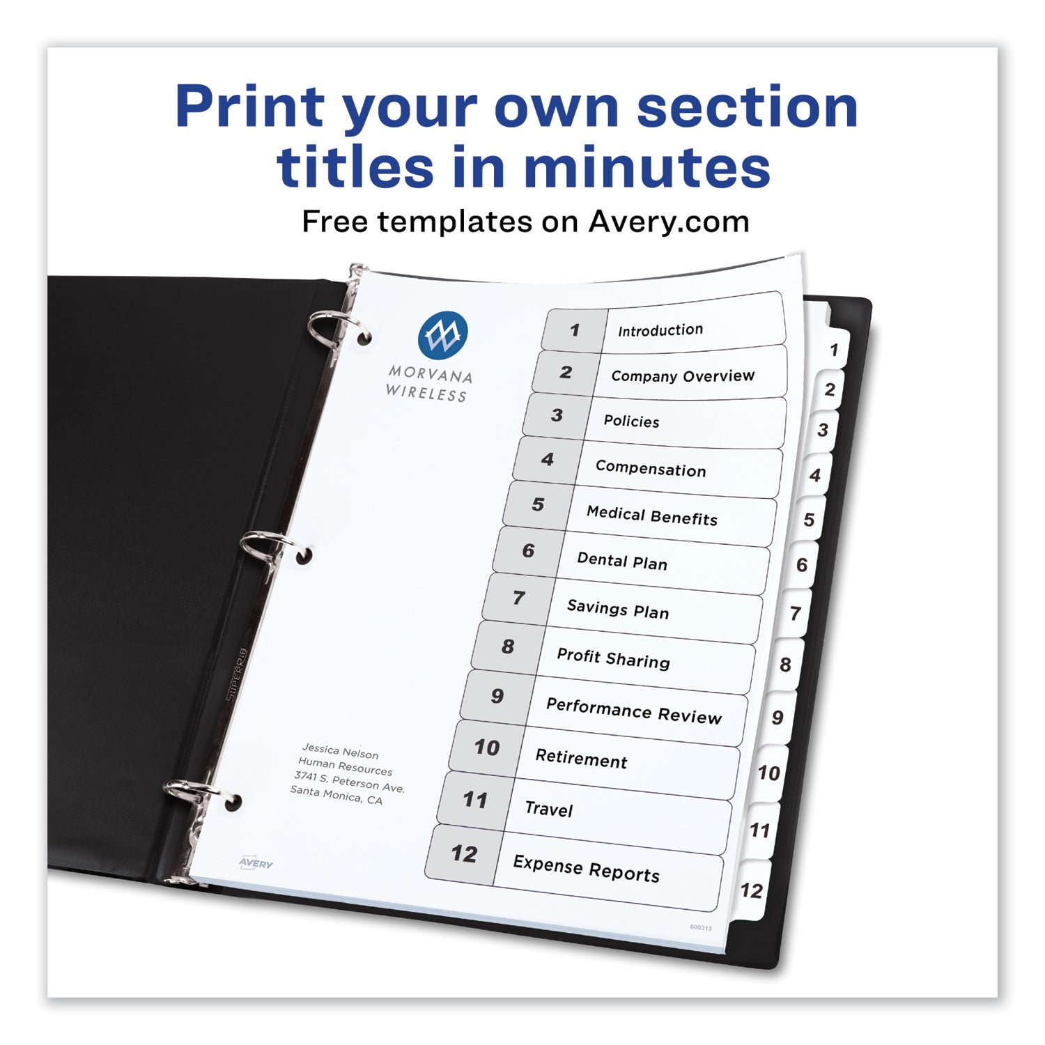 Avery® Customizable TOC Ready Index Black and White Dividers, 12-Tab, 1 to 12, 11 x 8.5, 1 Set