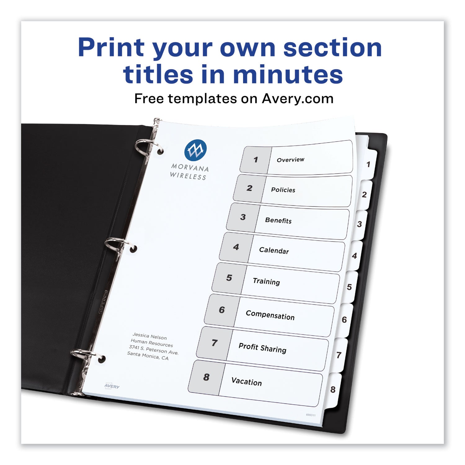 Avery® Customizable TOC Ready Index Black and White Dividers, 8-Tab, 1 to 8, 11 x 8.5, 1 Set