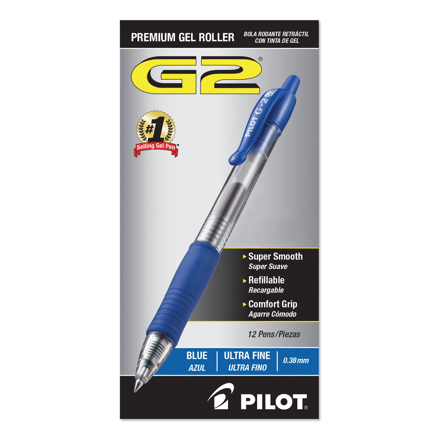 Pilot® G2 Premium Gel Pen Convenience Pack, Retractable, Extra-Fine 0.38 mm, Blue Ink, Smoke/Blue Barrel, Dozen