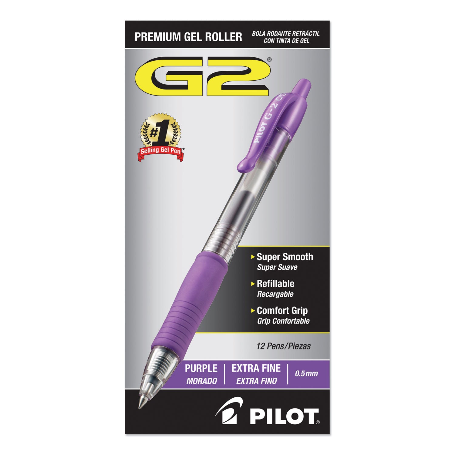 Pilot® G2 Premium Gel Pen, Retractable, Extra-Fine 0.5 mm, Purple Ink, Smoke/Purple Barrel, Dozen