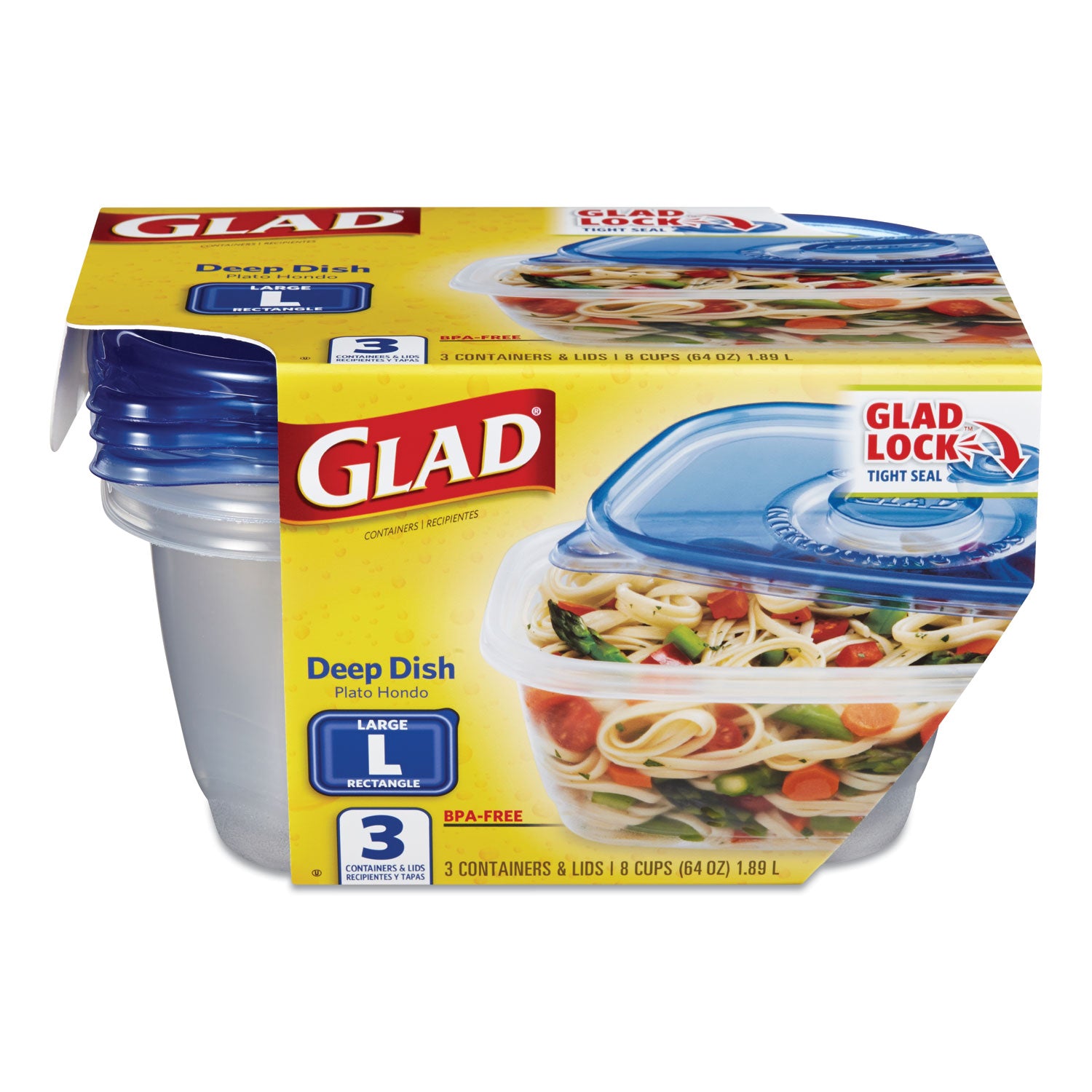 Glad® Deep Dish Food Storage Containers, 64 oz, Plastic, 3/Pack