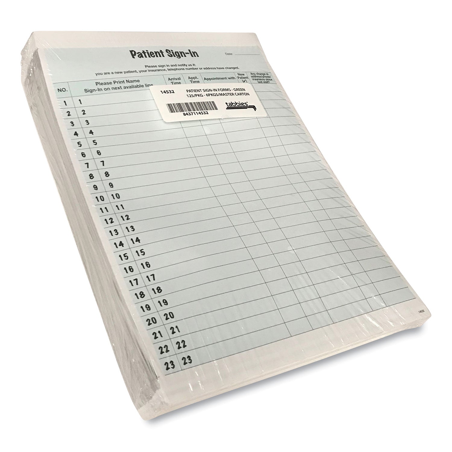 Tabbies® Patient Sign-In Label Forms, Two-Part Carbon, 8.5 x 11.63, Green Sheets, 125 Forms Total