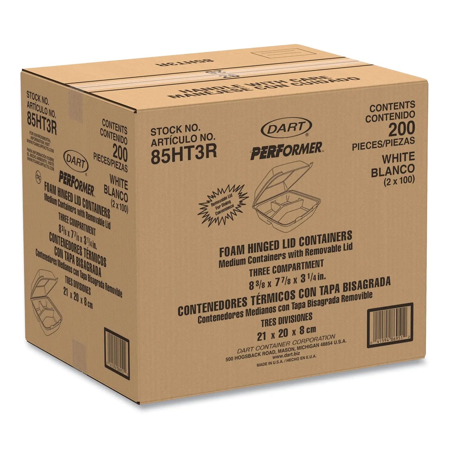 Foam Hinged Lid Containers, 3-Compartment, 8.38 x 7.78 x 3.25, 200/Carton Dart® Flipcost