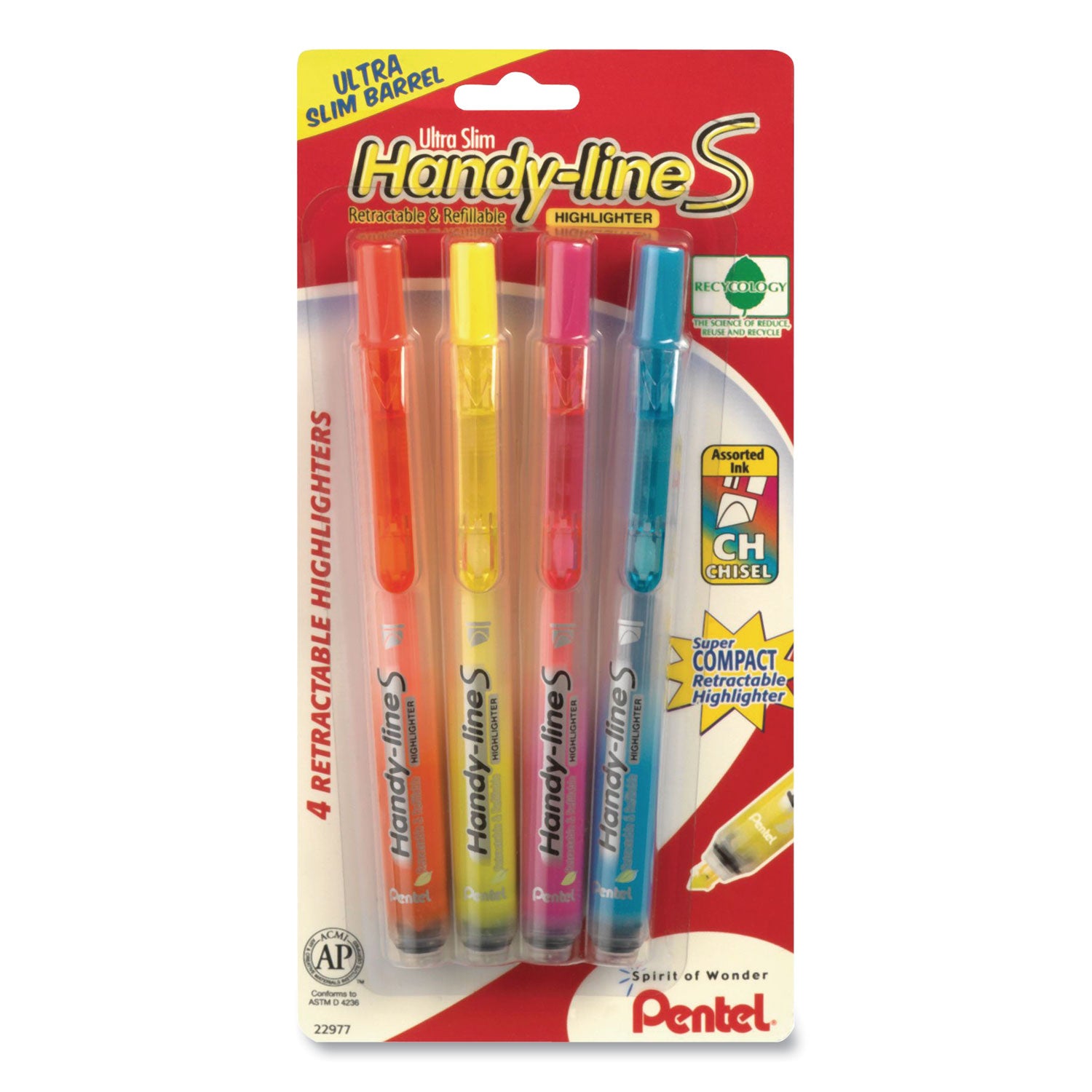 Pentel® ULTRA-SLIM HANDY-LINE S RETRACTABLE/REFILLABLE HIGHLIGHTERS, ASSORTED INK COLORS, CHISEL TIP, ASSORTED BARREL COLORS, 4/PK