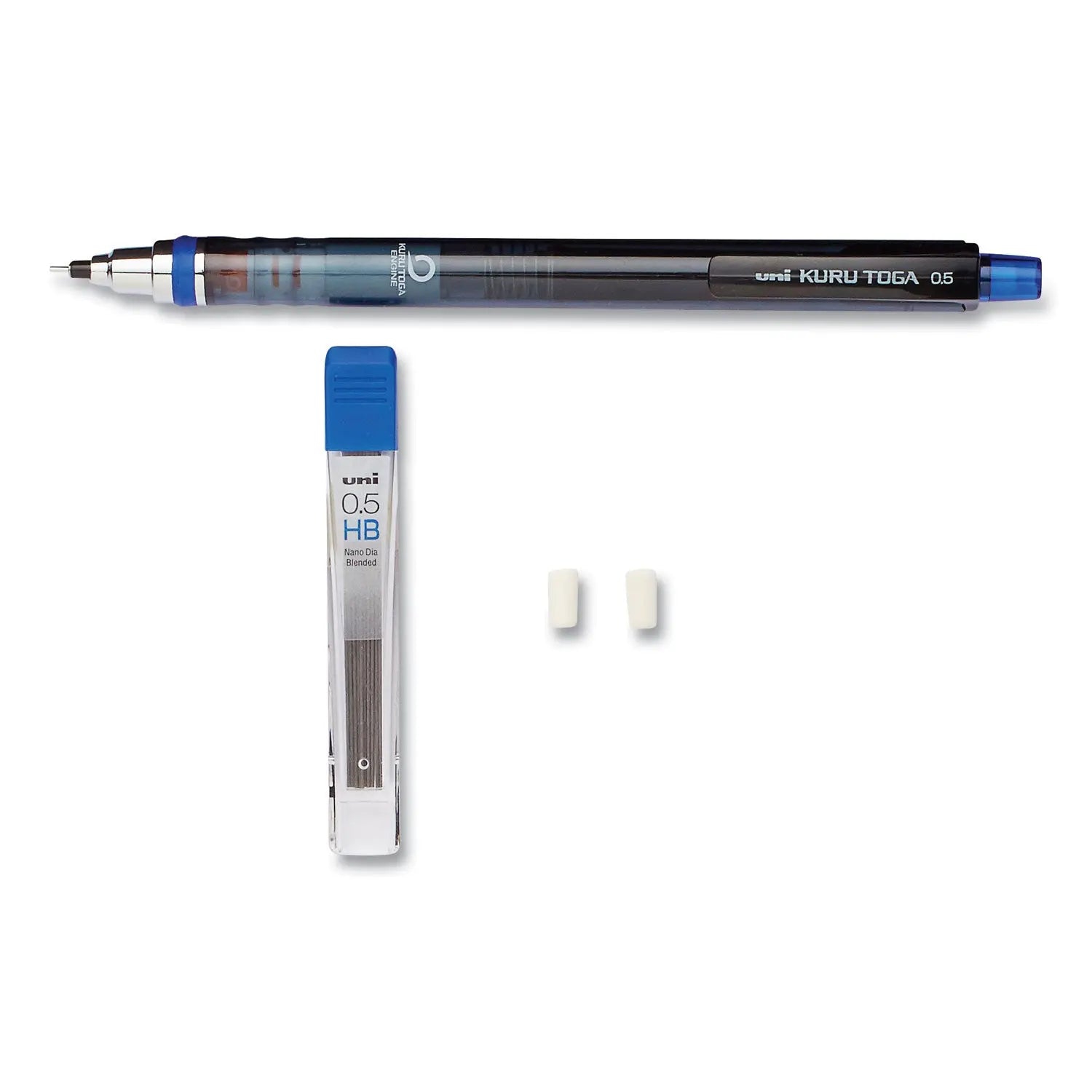 KuruToga Mechanical Pencil with Tube of Lead/Erasers, 0.5 mm, HB (#2), Black Lead, Black Barrel uniball® Flipcost